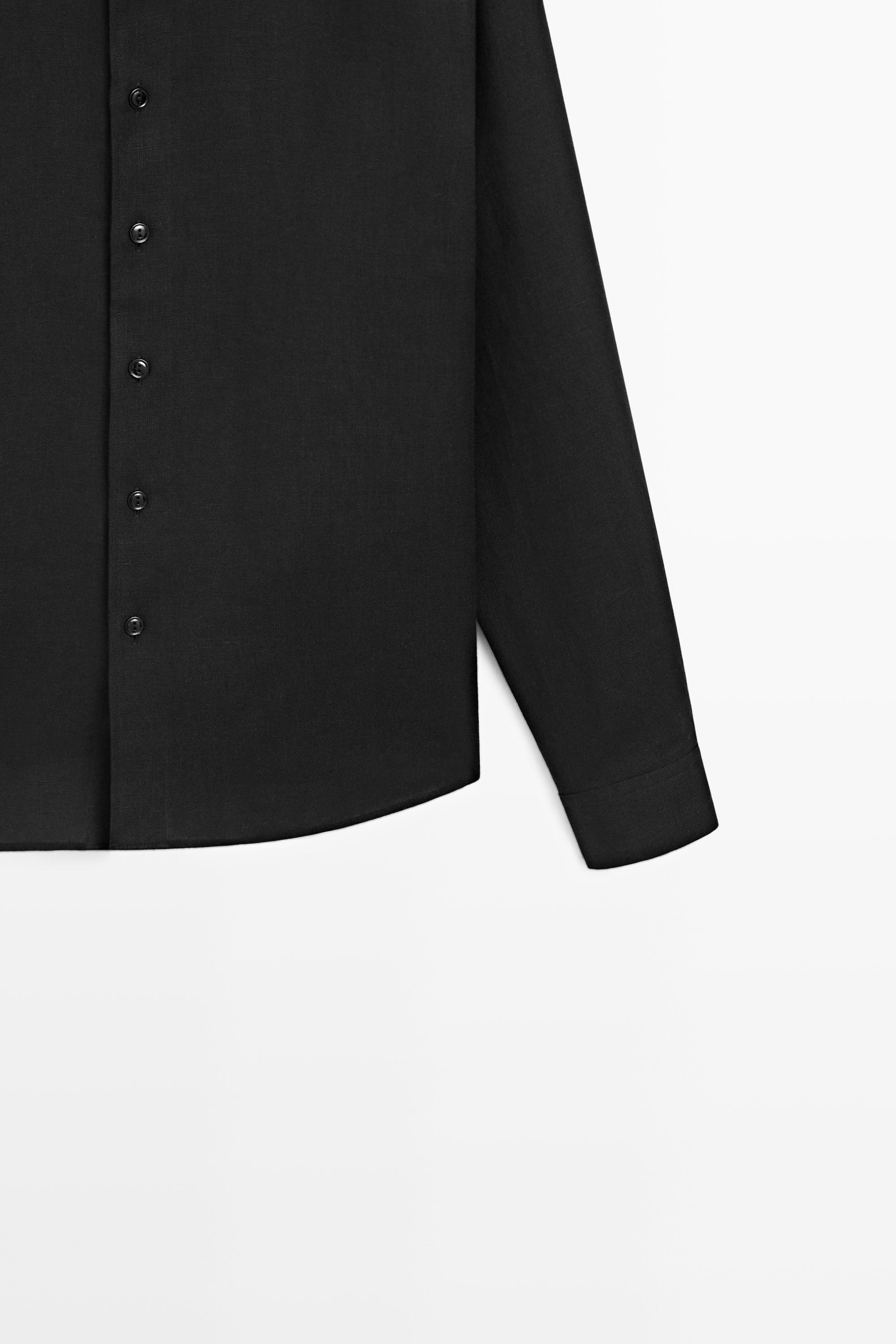 100% linen stand collar shirt — BLACK