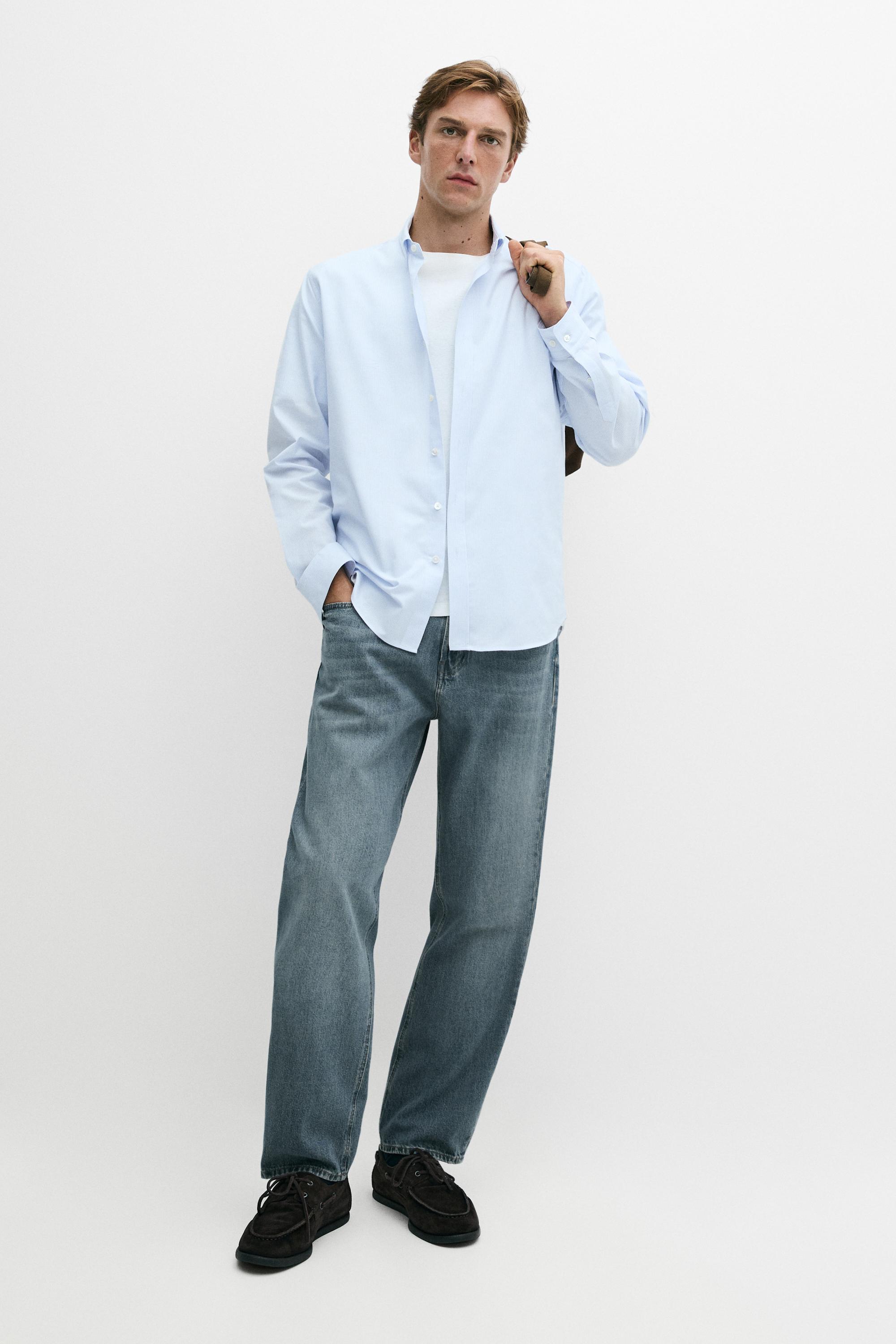 100% cotton regular fit striped shirt — SKY BLUE