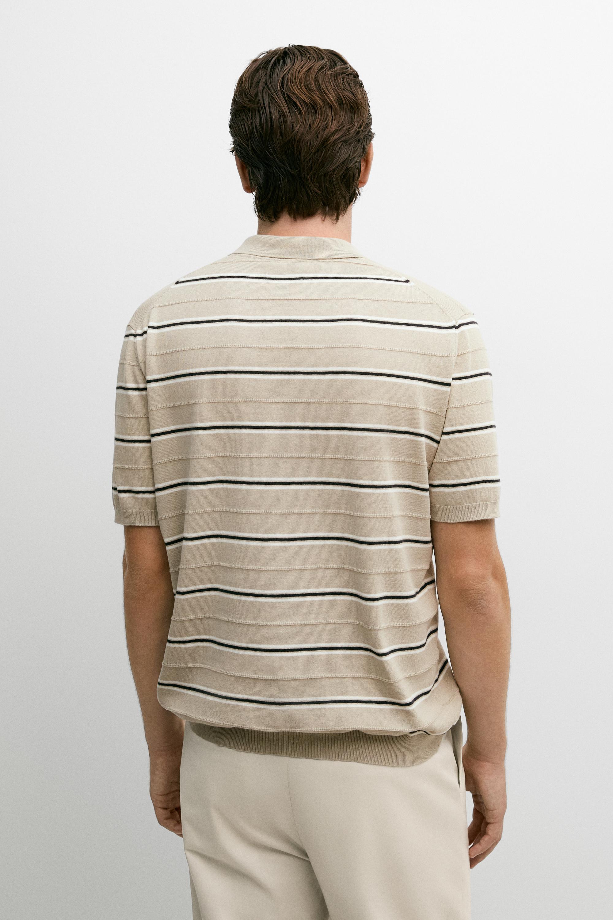 100% Cotton Striped Knit Polo Shirt — STONE