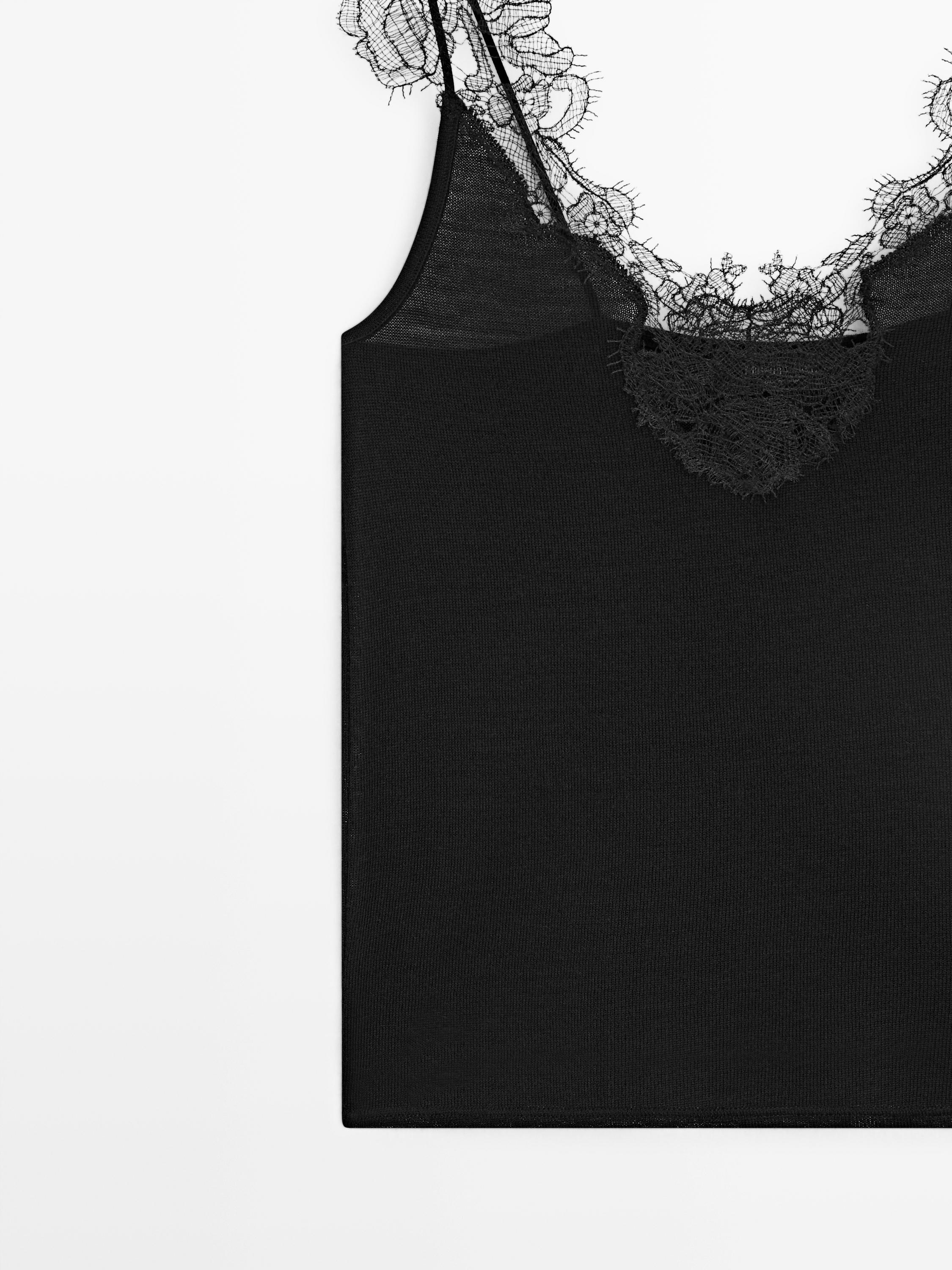 Strappy knit top with lace trim detail · Black · T-shirt | Massimo