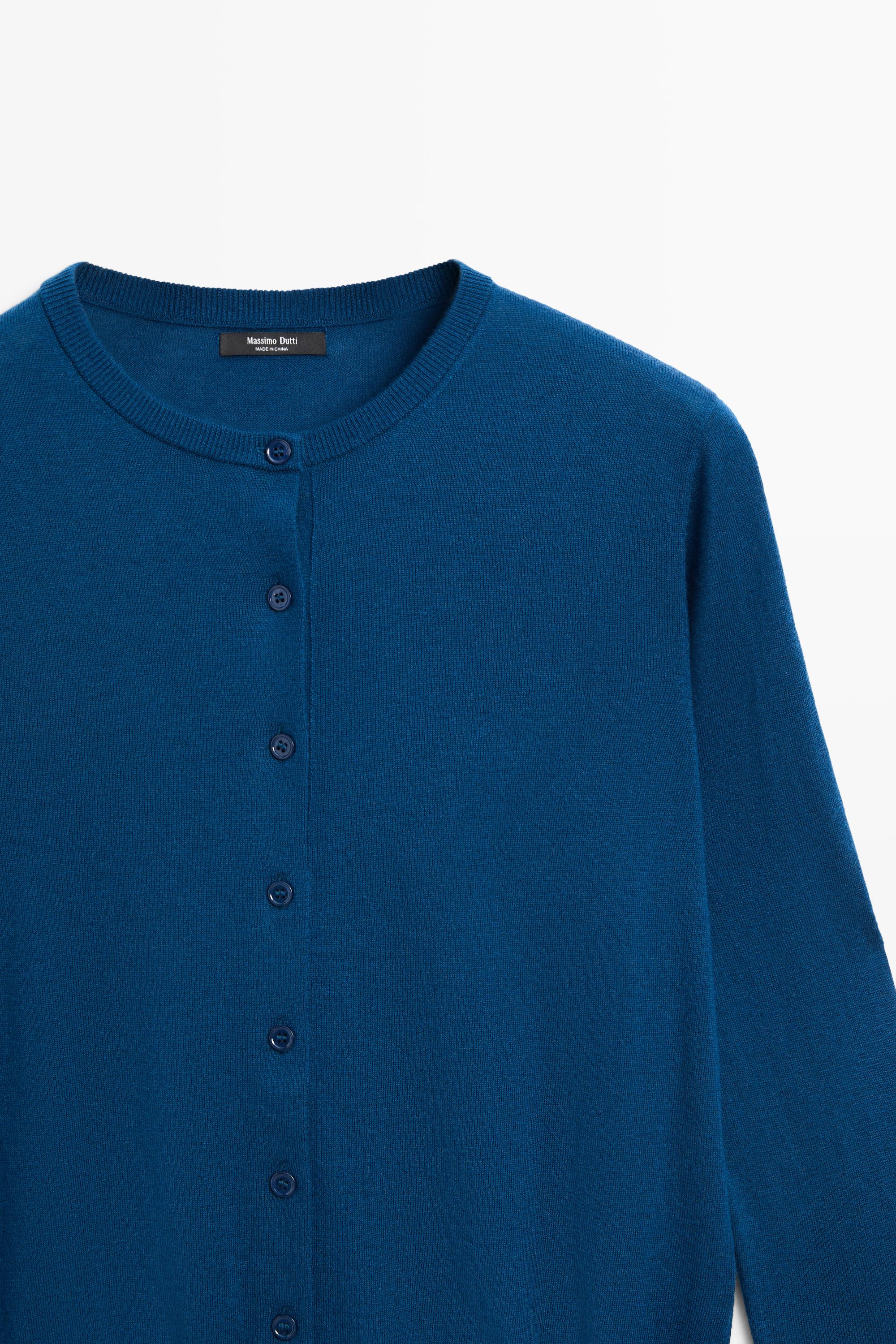 Fine-knit round neck cardigan — DEEP BLUE