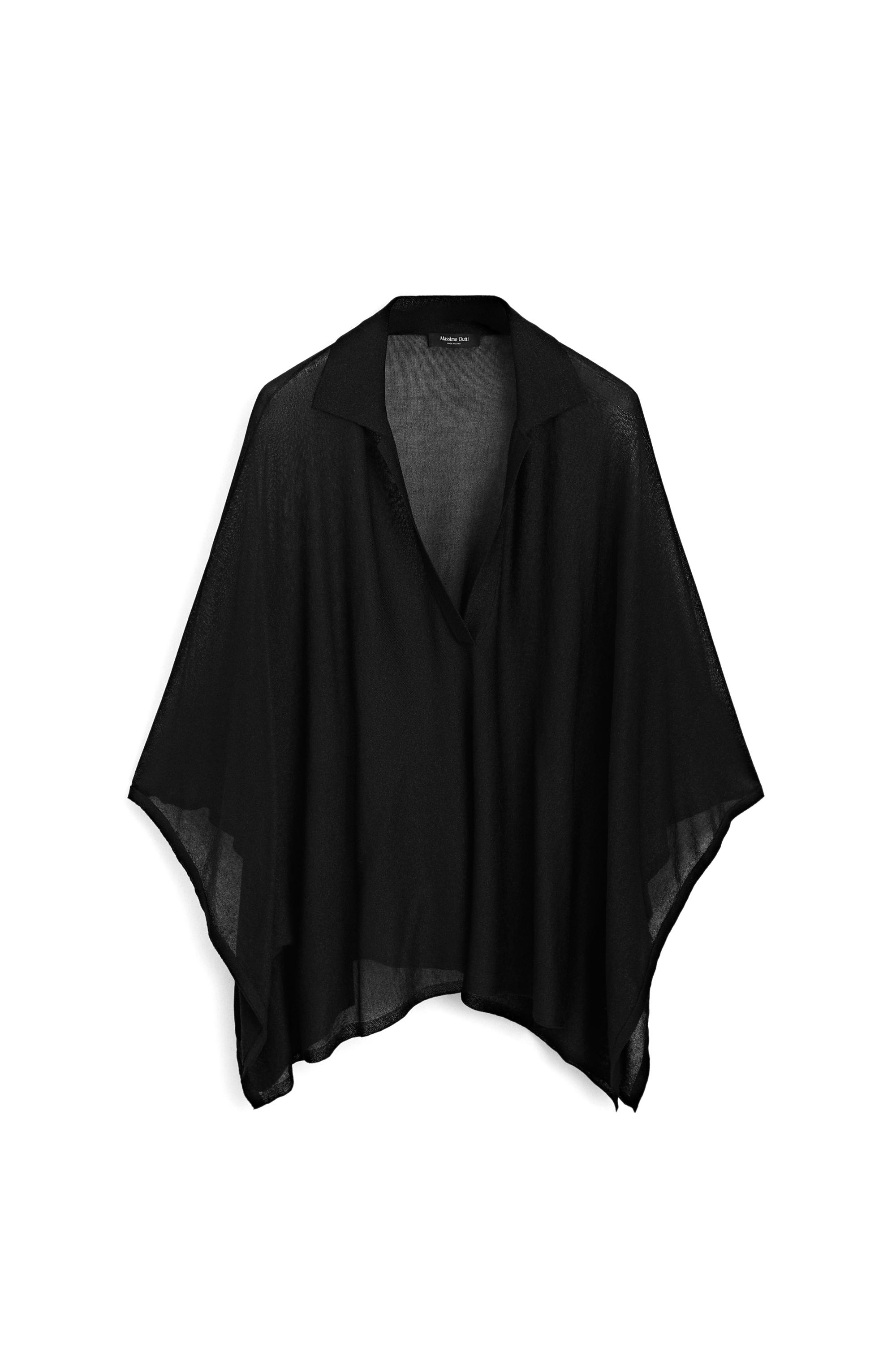 Metallic detail polo collar flowing cape — BLACK