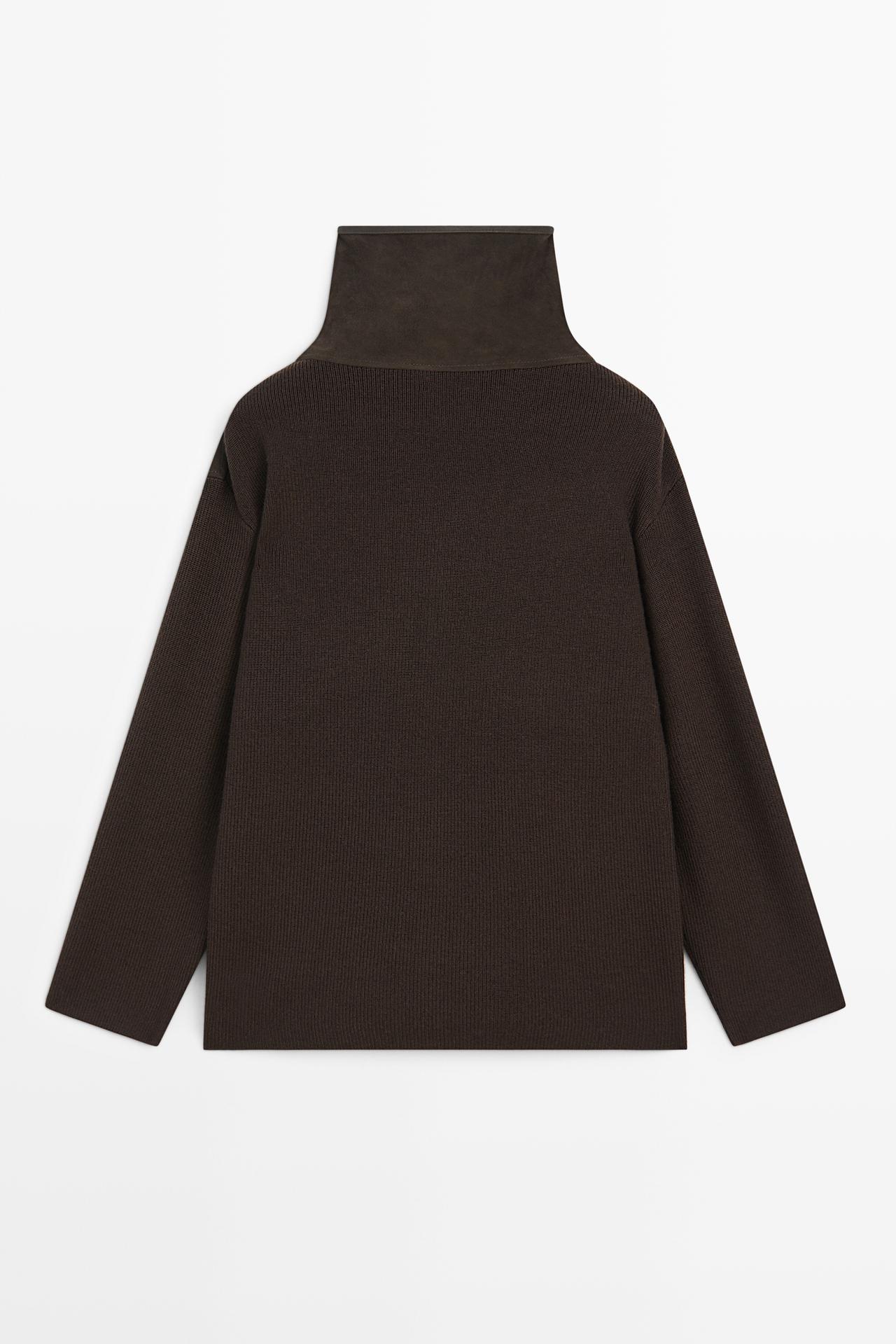 Combined high neck suede oversize blouse — BROWN