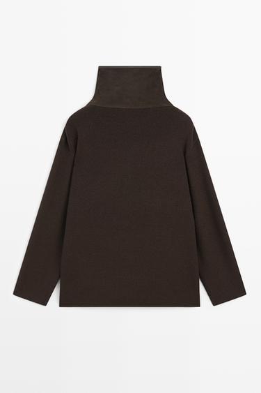 Combined high neck suede oversize blouse — BROWN 6