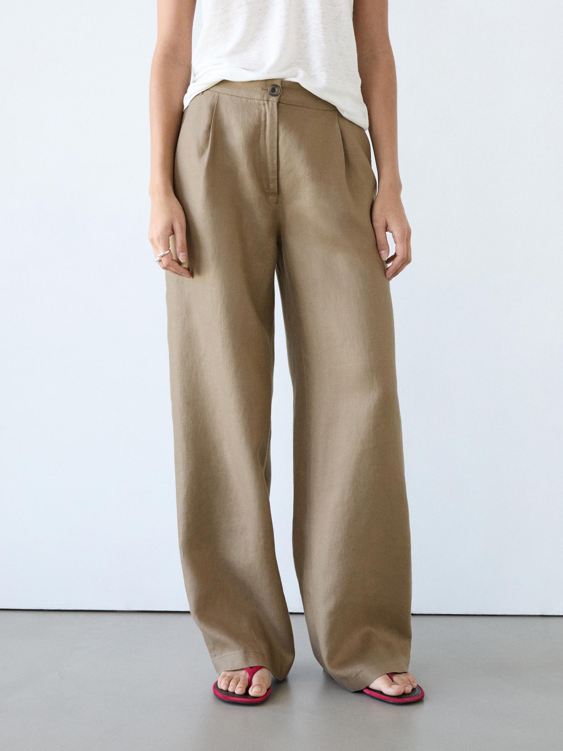 100% linen wide-leg elasticated trousers — PALE GREEN