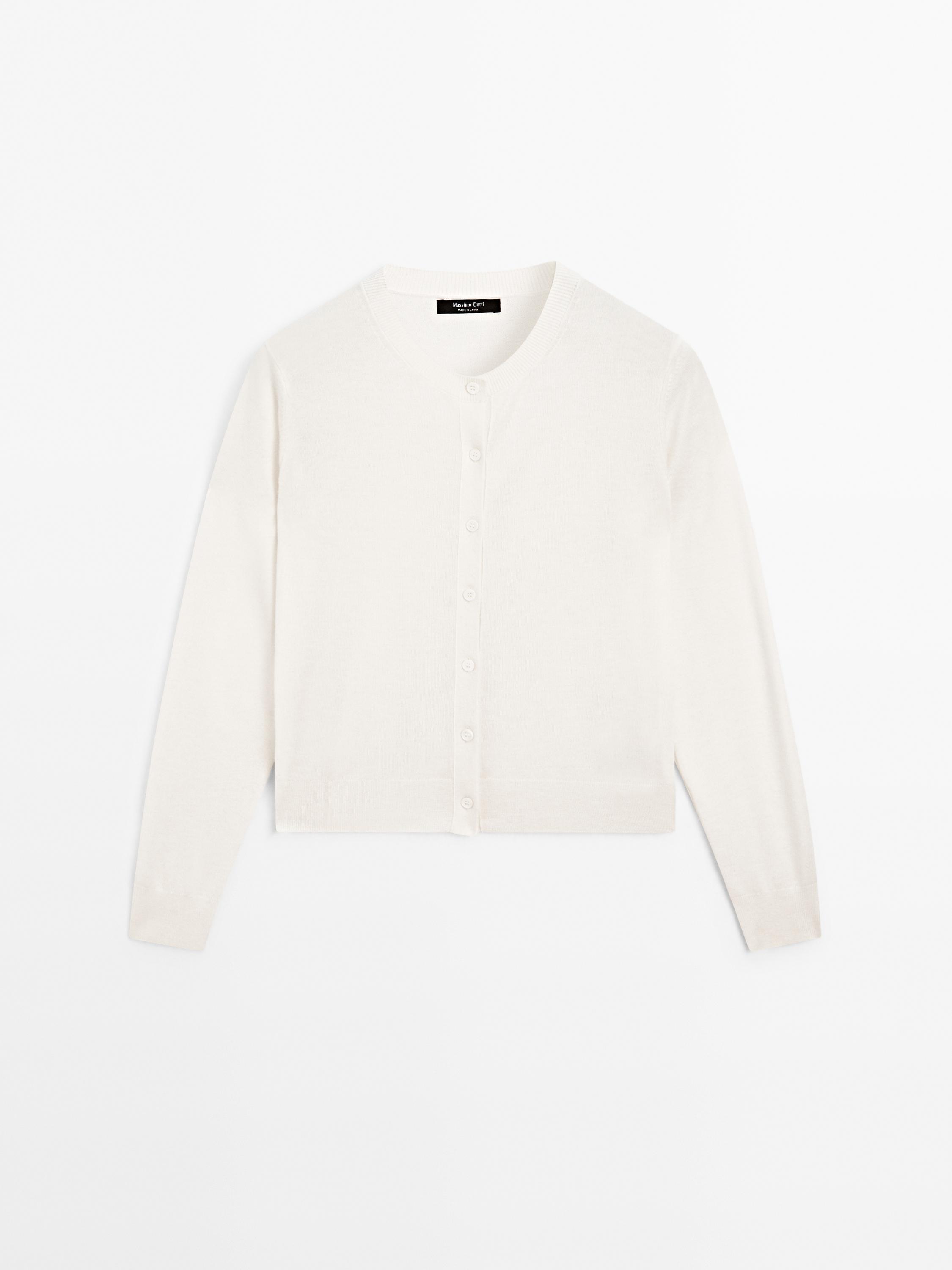 Wool blend knit cardigan with crew neck