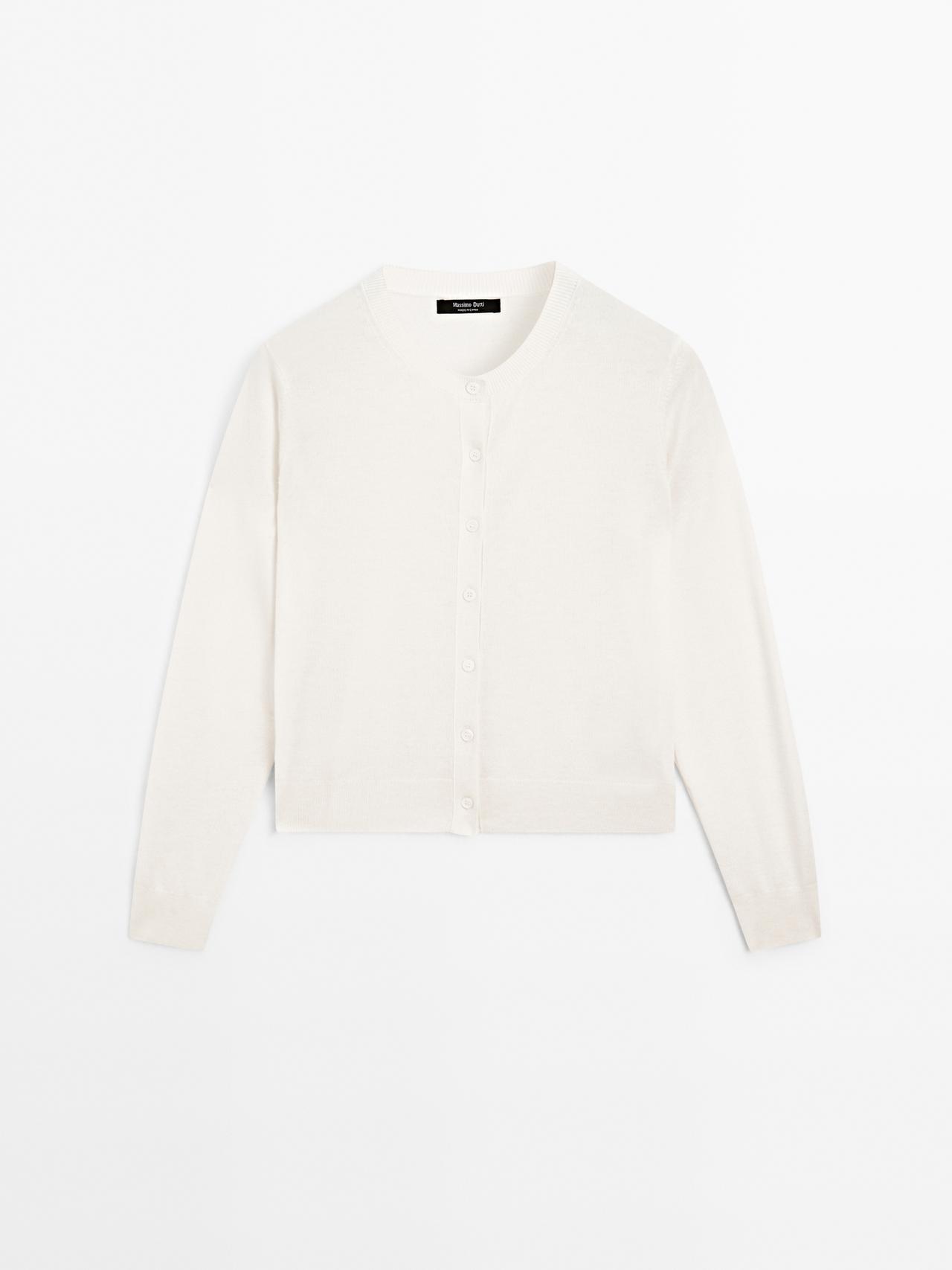 Massimo Dutti - Dame - Strikket Cardigan I Uldblanding Med Rund Hals - Råhvid - M