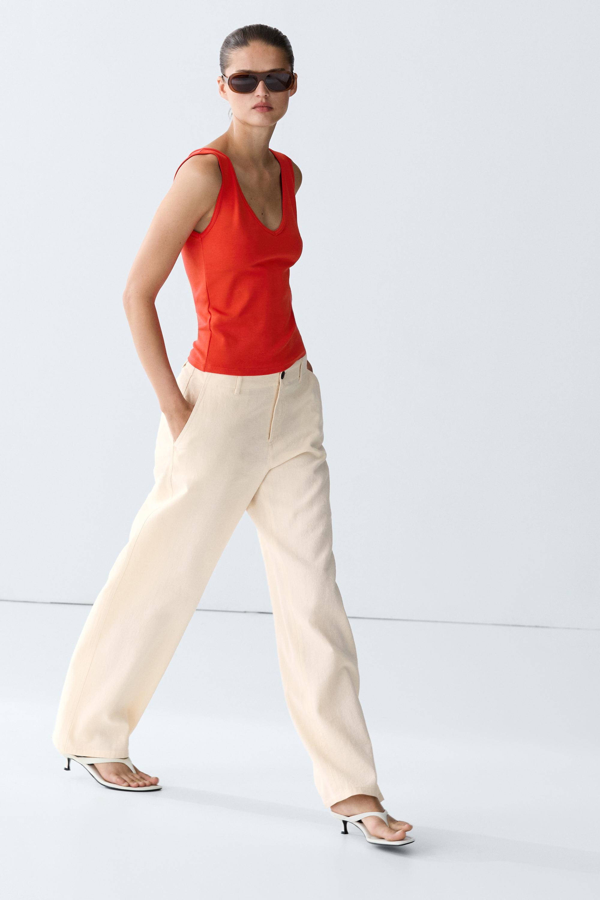 Cotton blend strappy top — CORAL