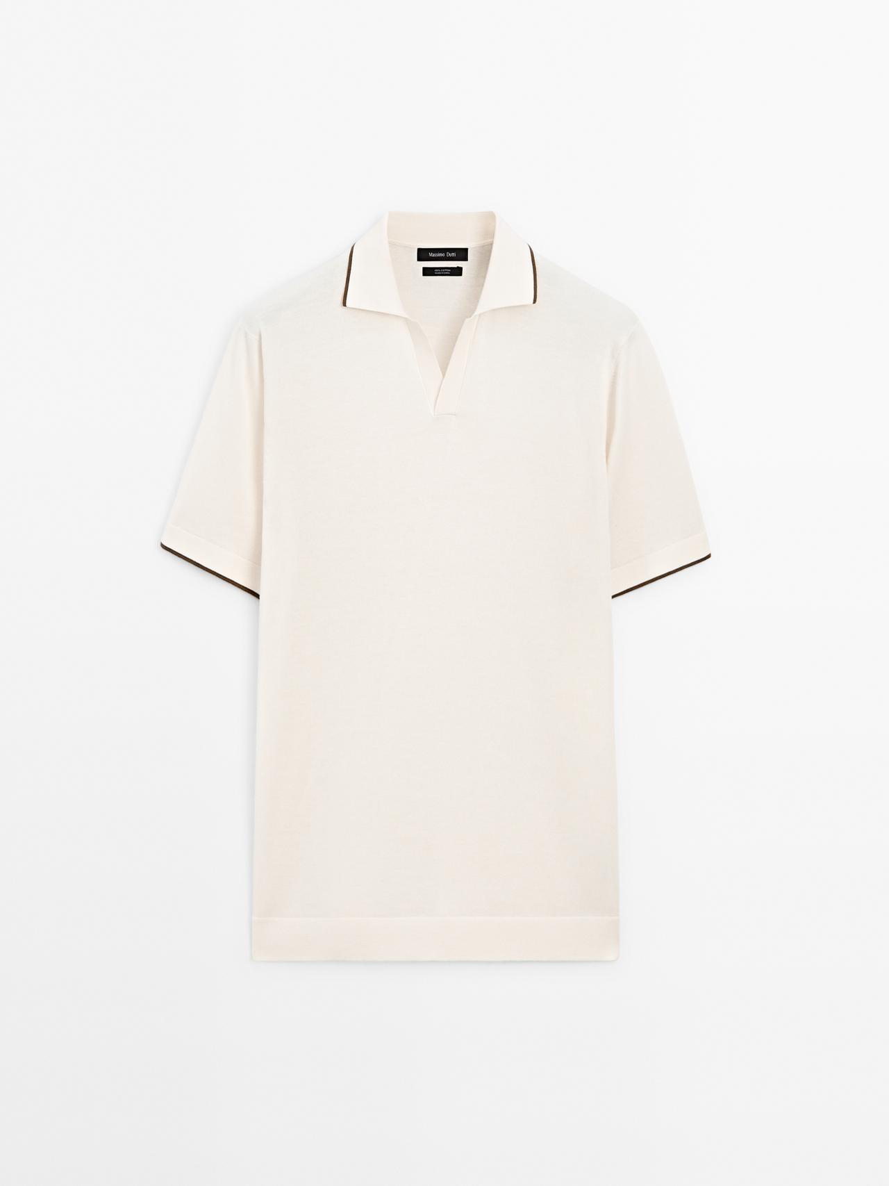 Massimo Dutti - Herre - Poloshirt I Strik Med Kontrastdetalje - Råhvid - Xl
