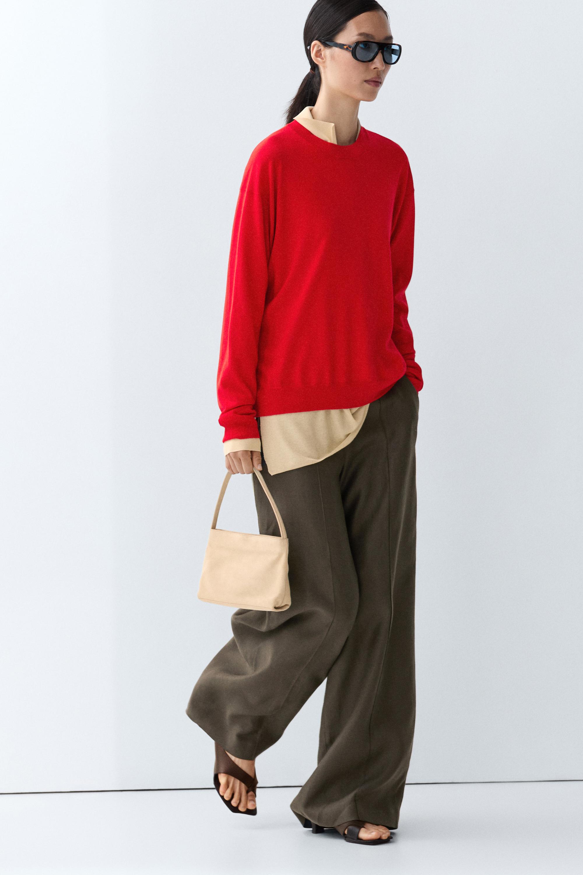 Fine knit round neck sweater — RED