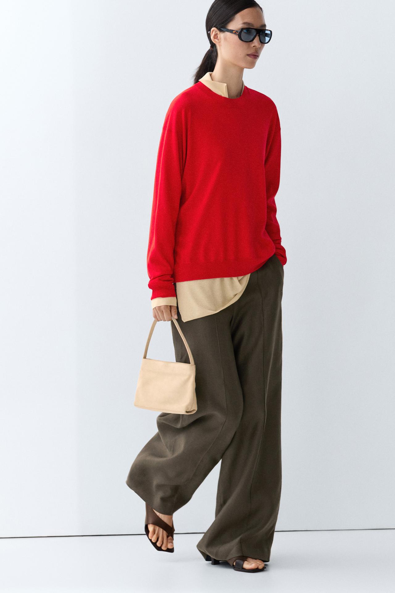 Fine knit round neck sweater — RED