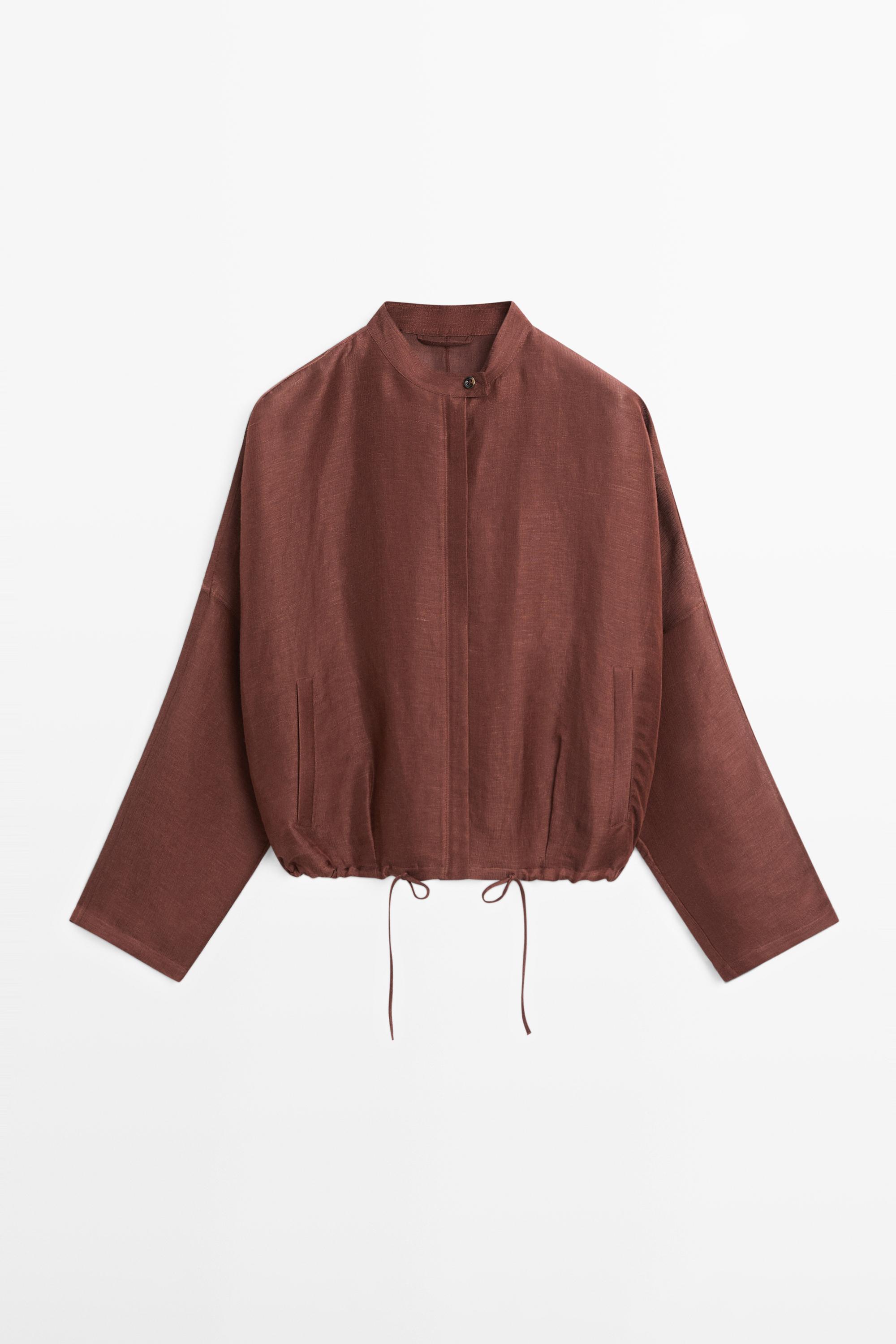 Linen blend bomber jacket — BROWN