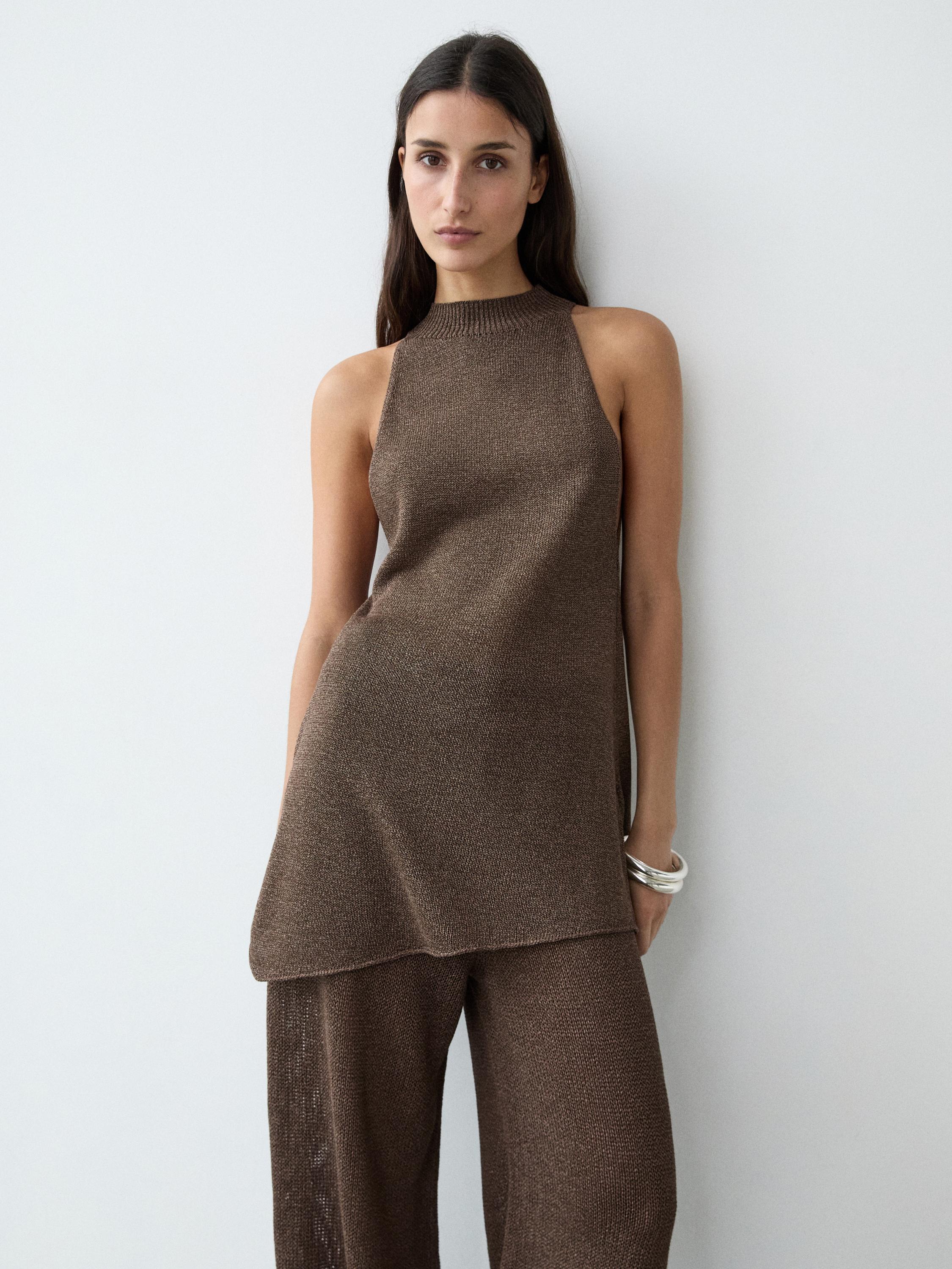 Total look asymmetric halter knit top — BROWN