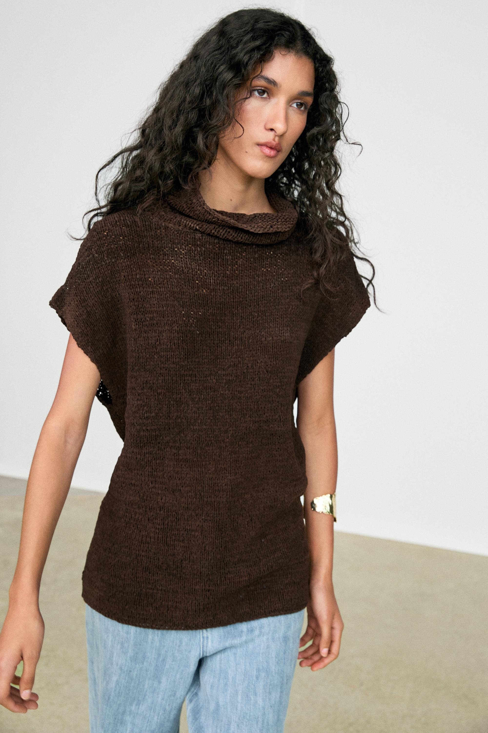 Suede leather knit top — BROWN