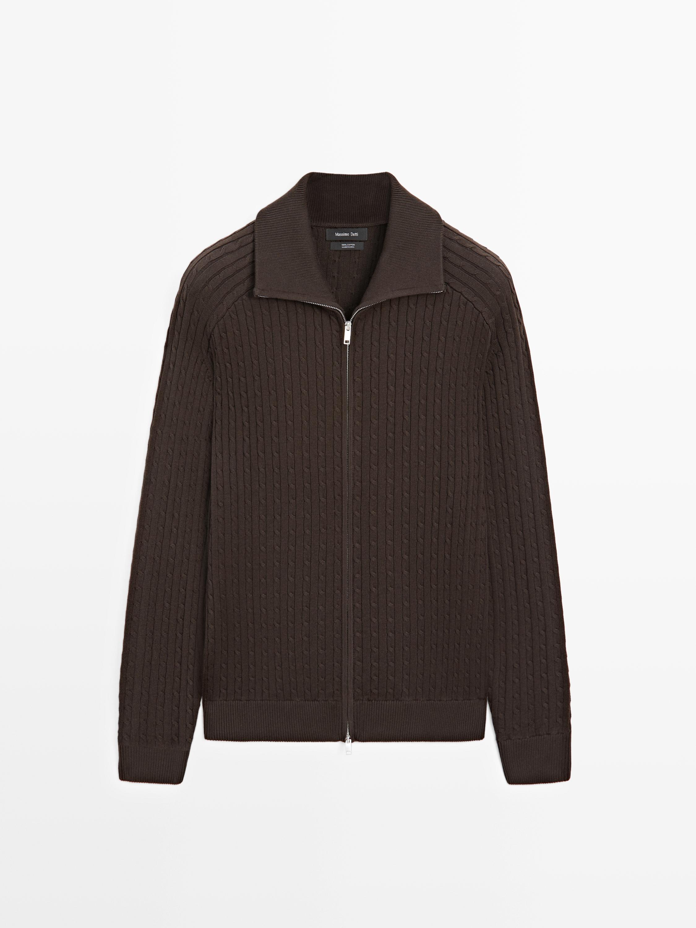 Cotton cable-knit cardigan with zip — BROWN MARL