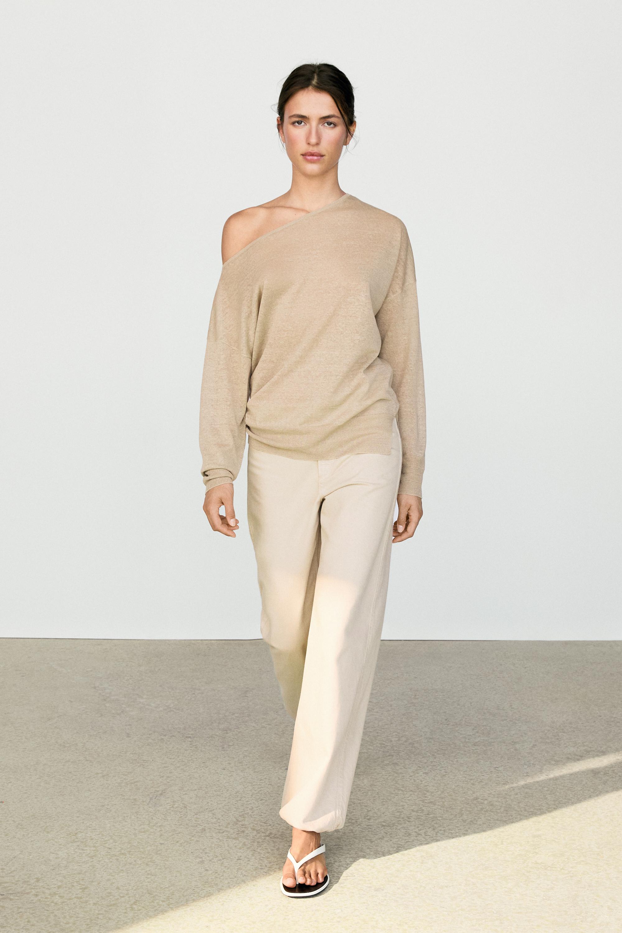 Flowing 100% linen off-the-shoulder sweater — TAUPE GREY
