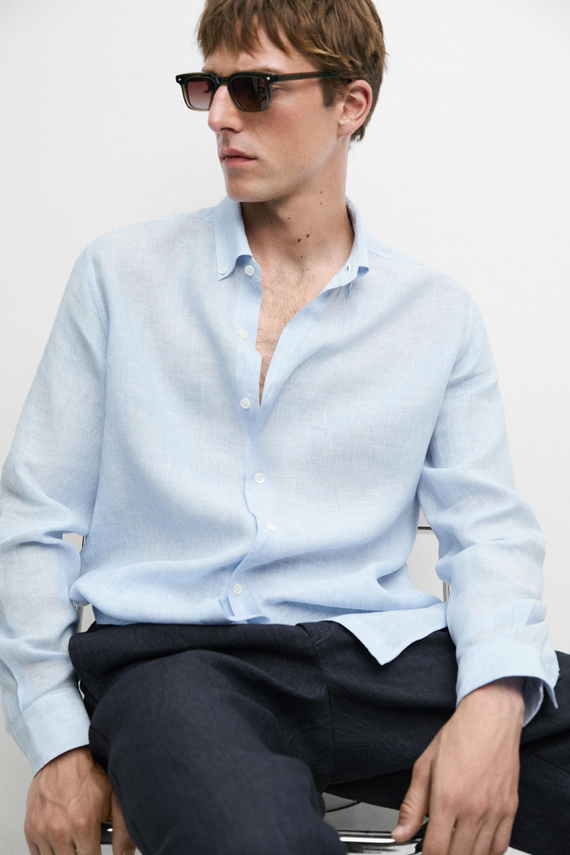 100% linen regular fit pinstriped shirt — SKY BLUE