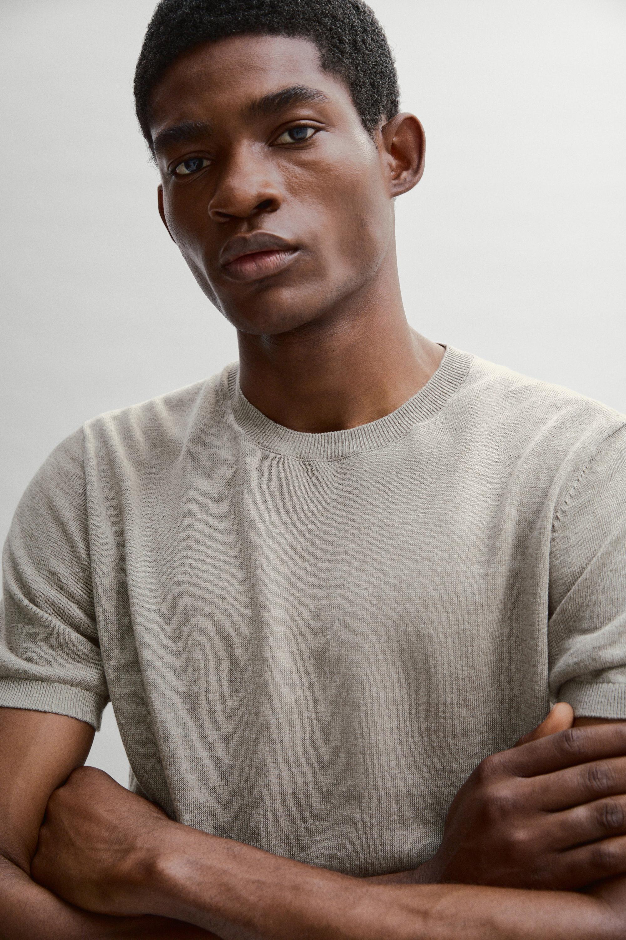 Lightweight 100% linen knit T-shirt — NATURAL GREY