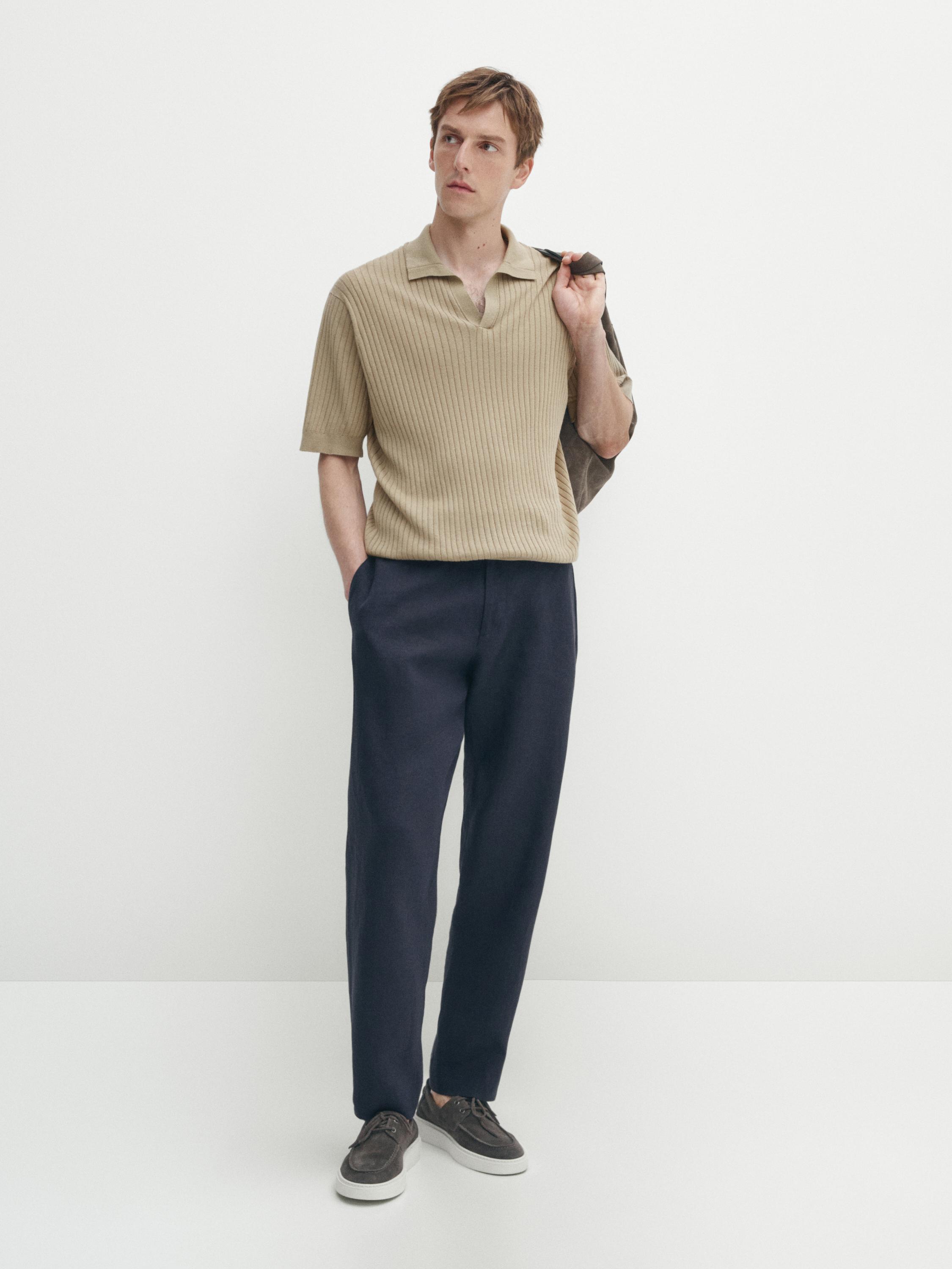 Ribbed knit cotton and linen blend polo shirt