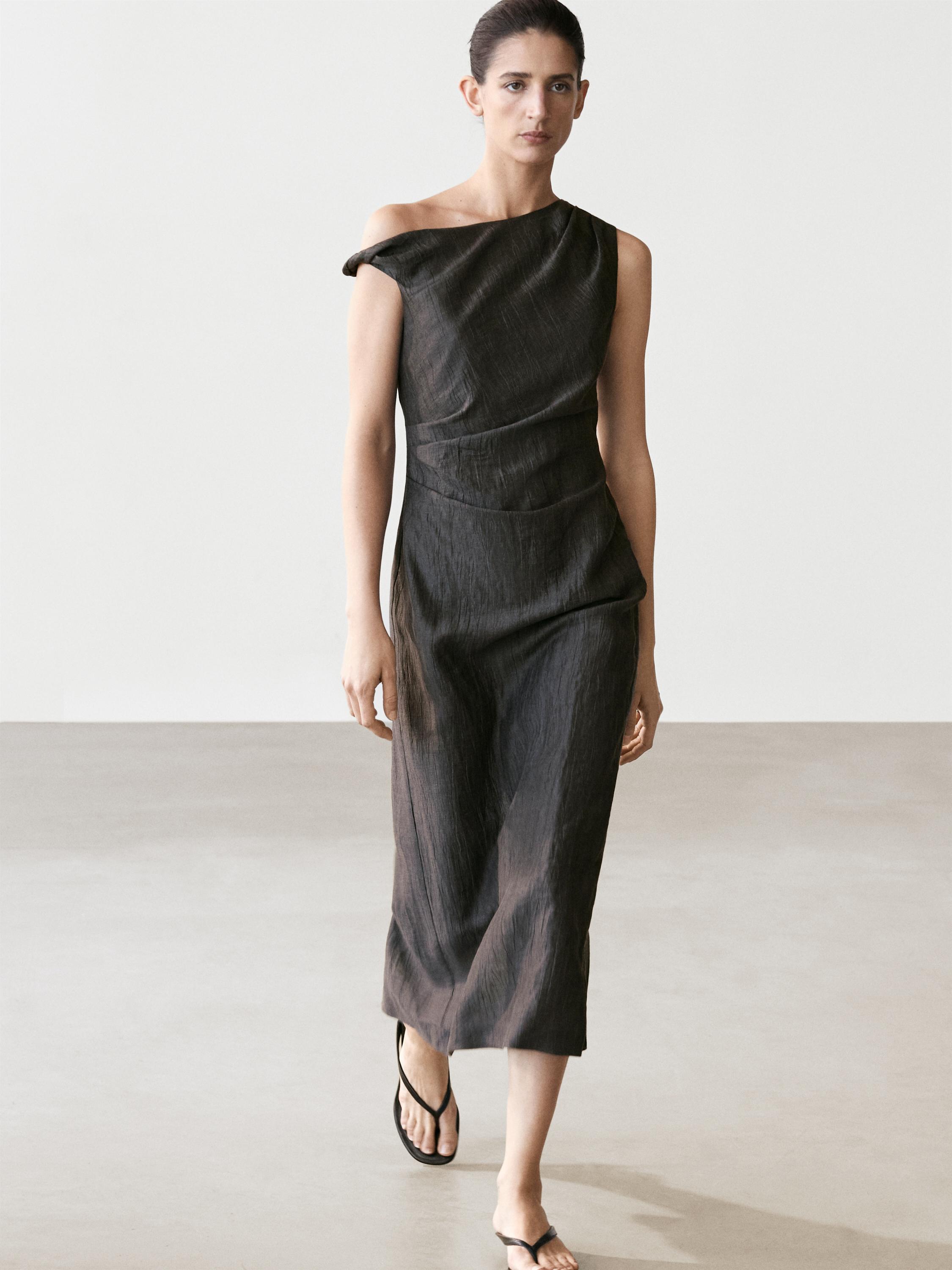 Midi dress with pleated shoulder detail — DARK GREY