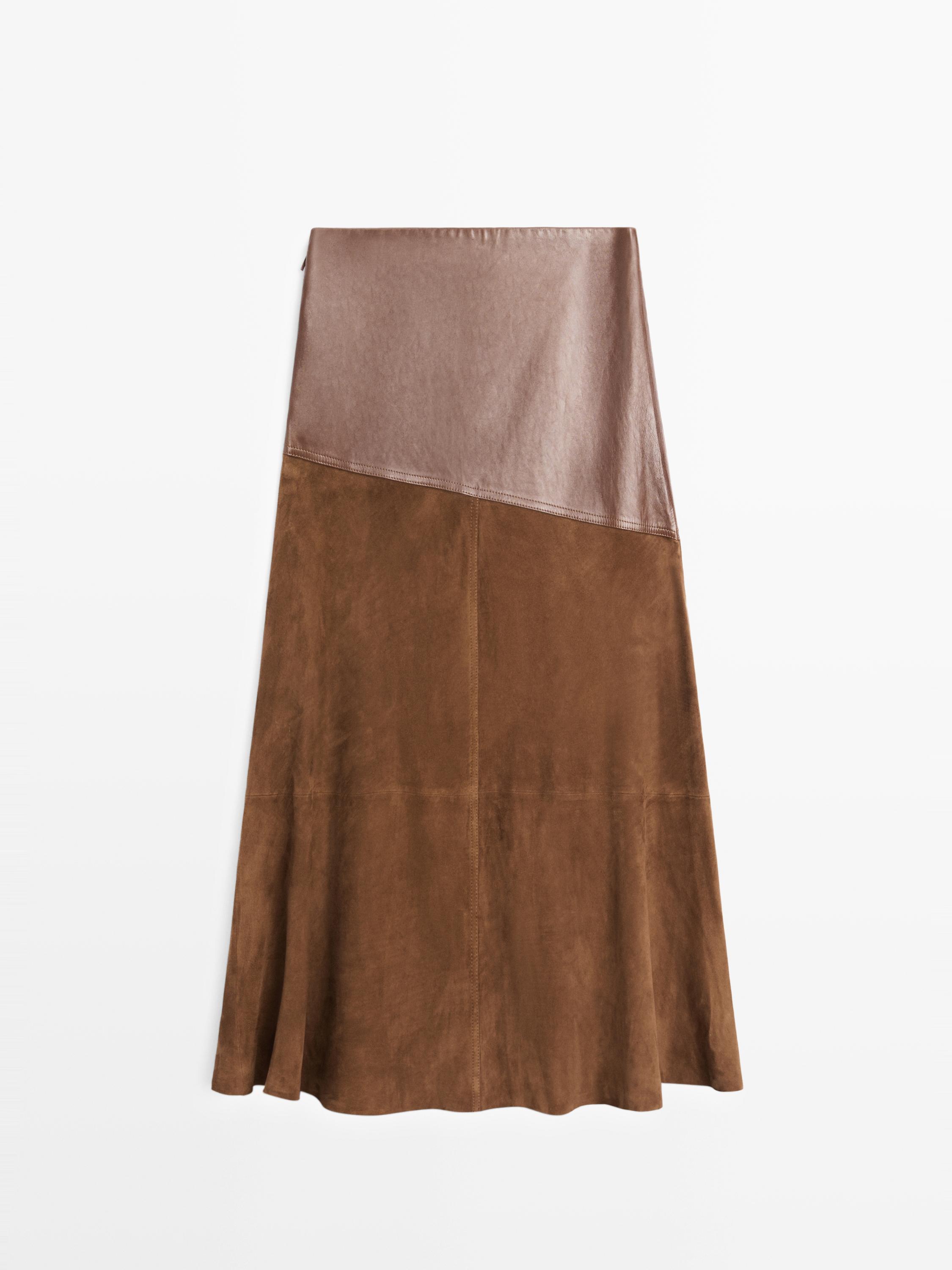 Suede nappa leather skirt with asymmetric yoke — BROWN (alternate view)