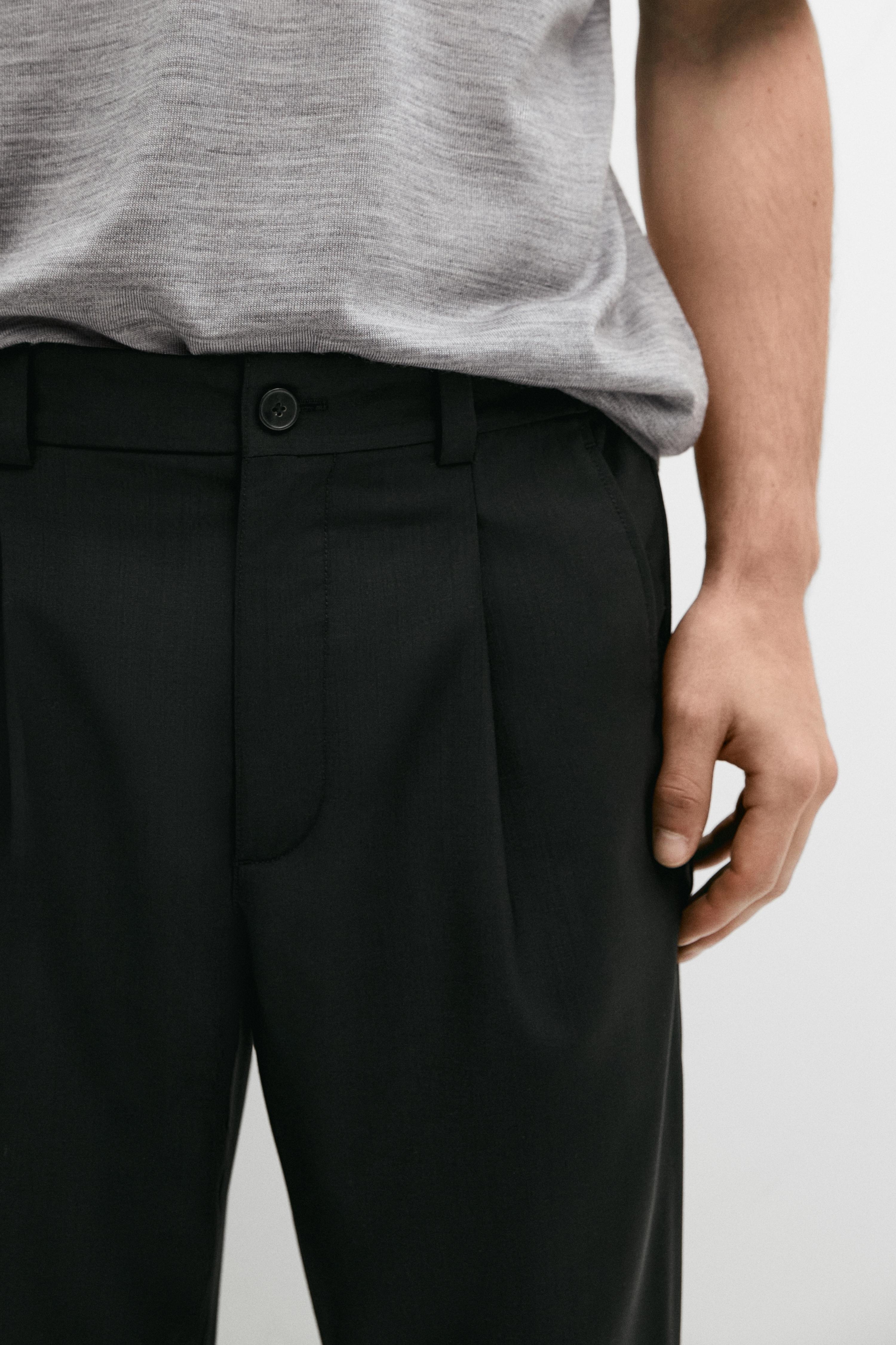 Relaxed fit cool wool trousers with darts — BLACK