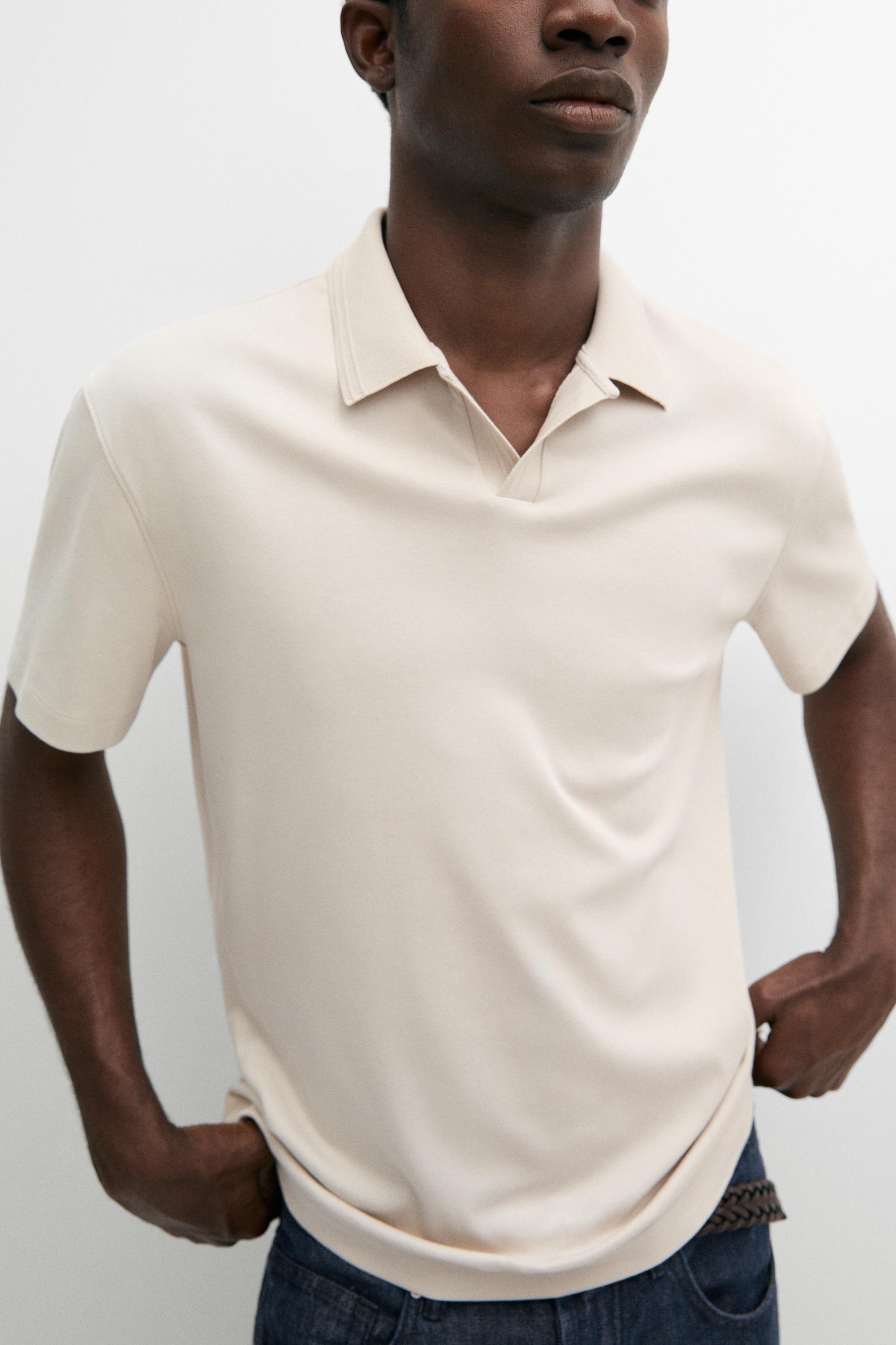 100% cotton V-neck knit polo — STONE