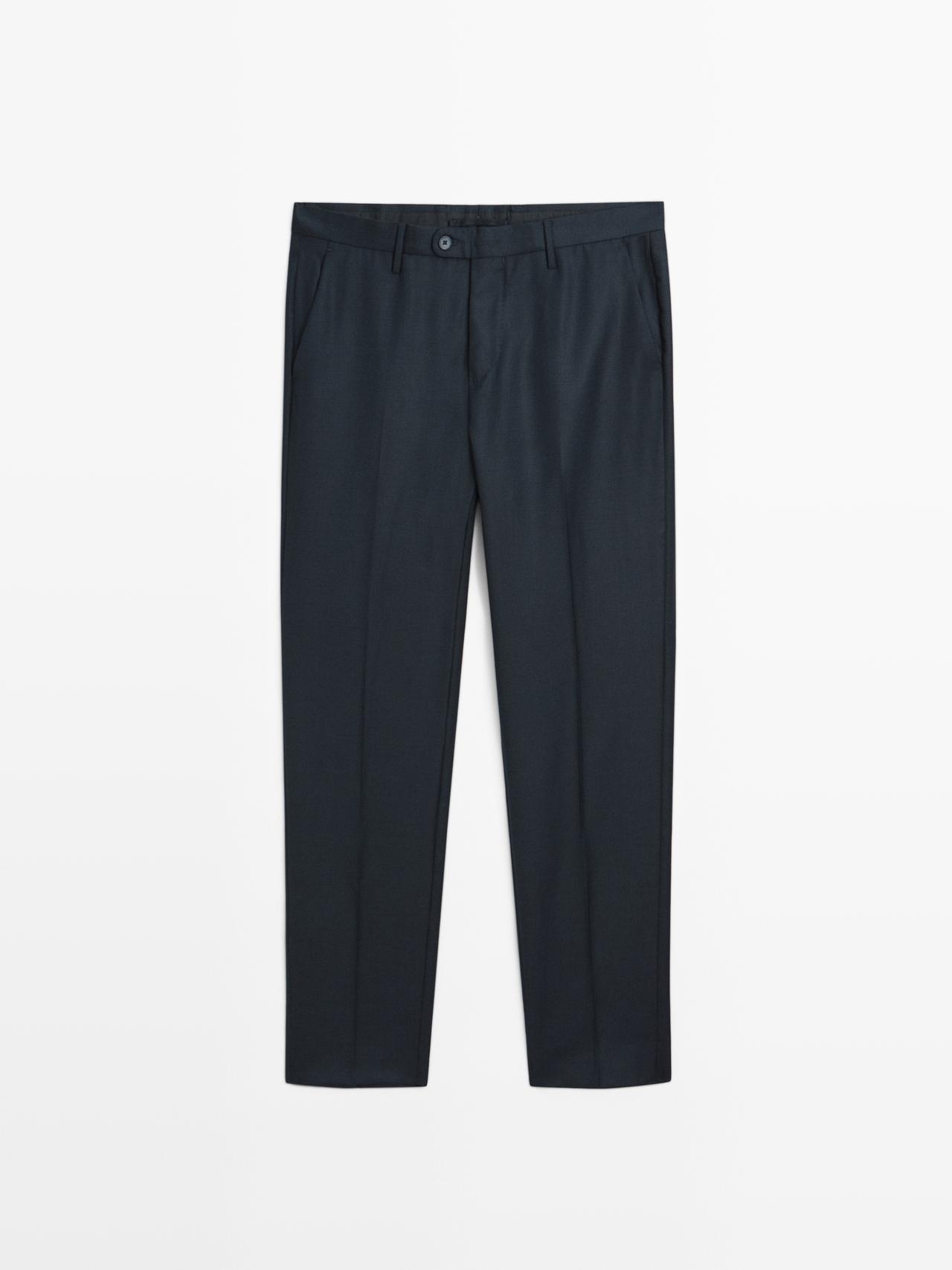 Massimo Dutti - Herre - Teksturvævede Habitbukser Med Mikrostruktur - Marineblå - 44