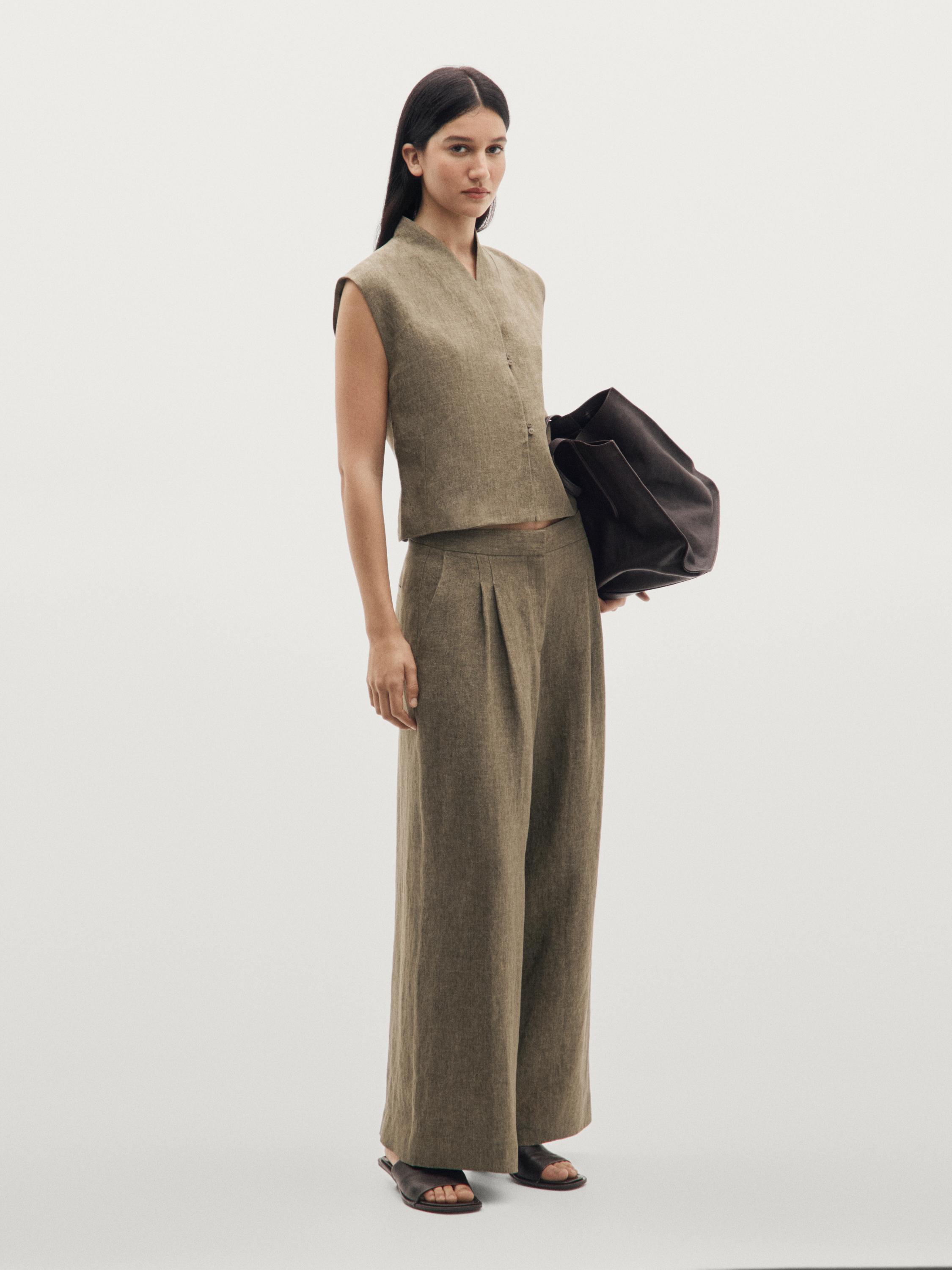 Pantalon large à pinces en lin
