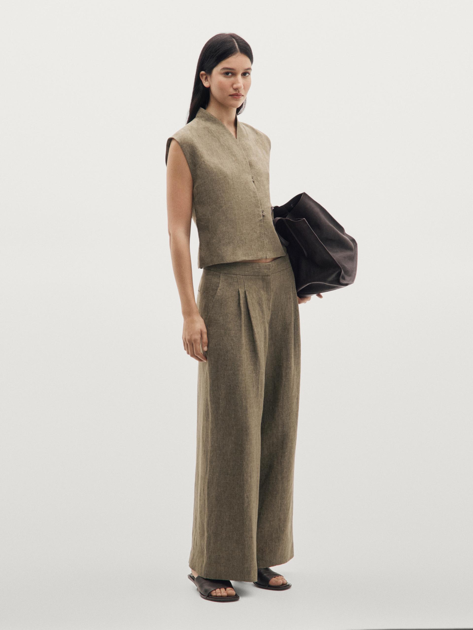 Pantaloni Ampi Con Pince In Lino - Verde - 34 (It 38) - Massimo Dutti - Femminile