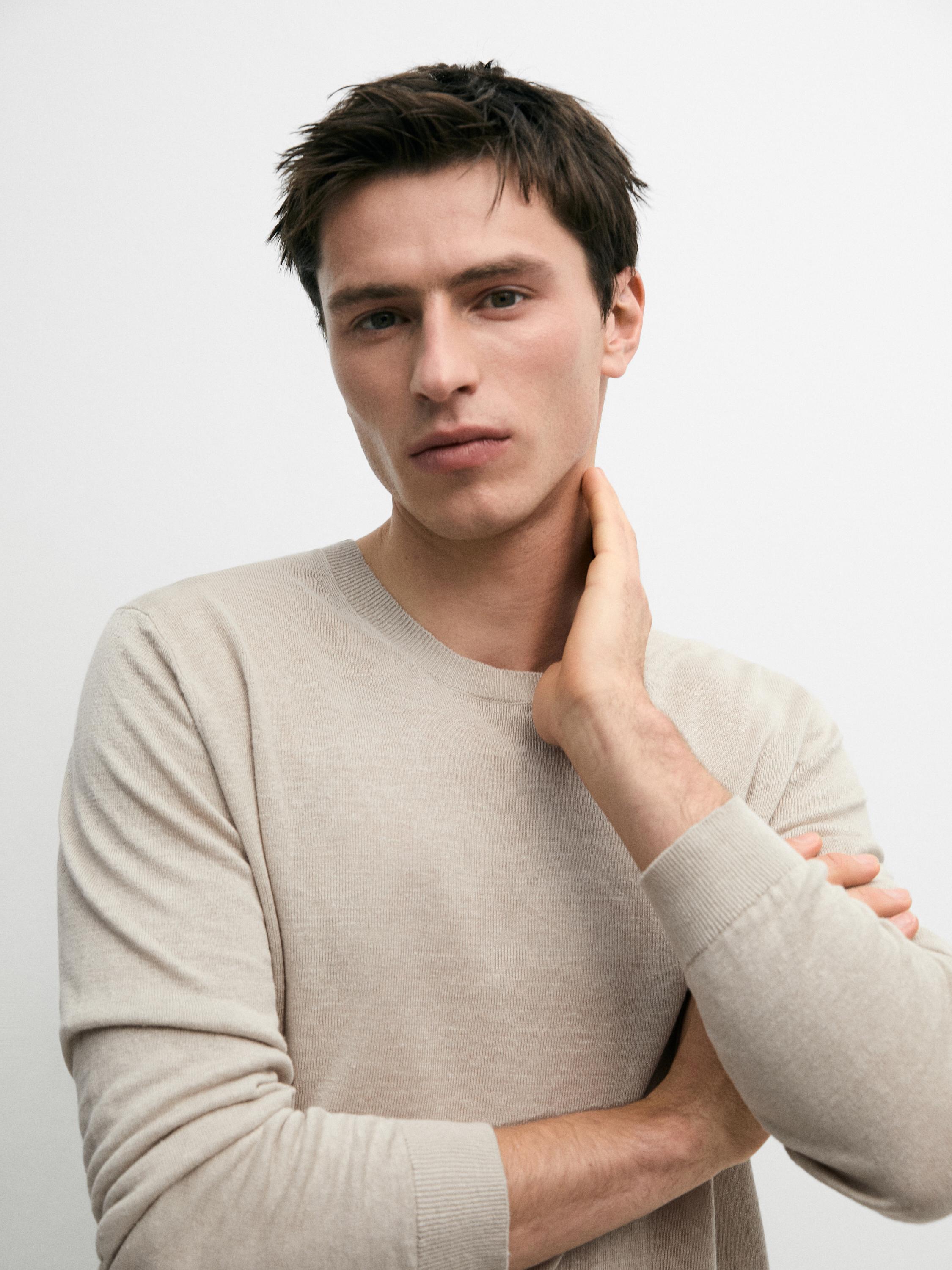 100% linen knit crew neck sweater — BEIGE