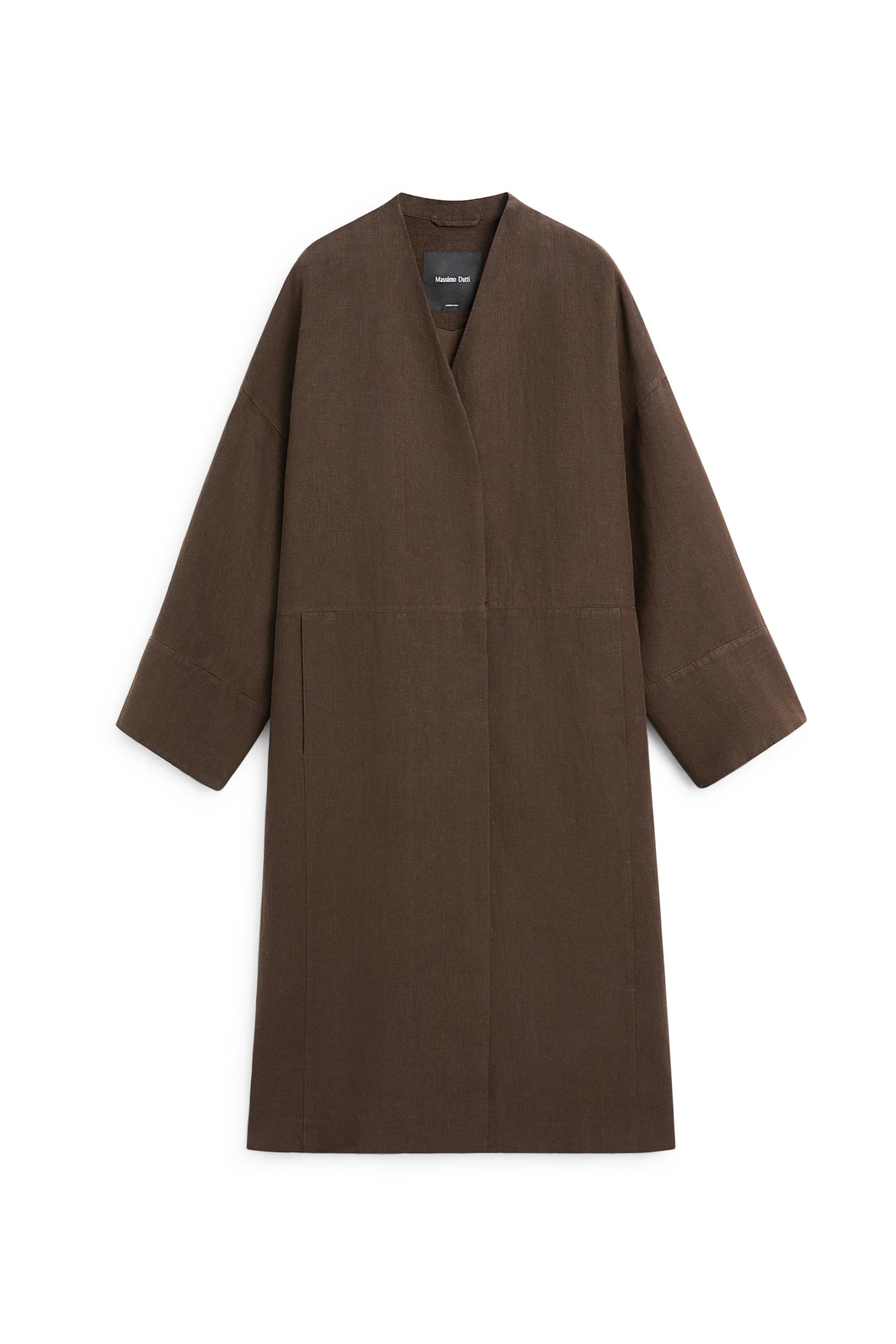 100% linen double-breasted coat with no collar — BROWN