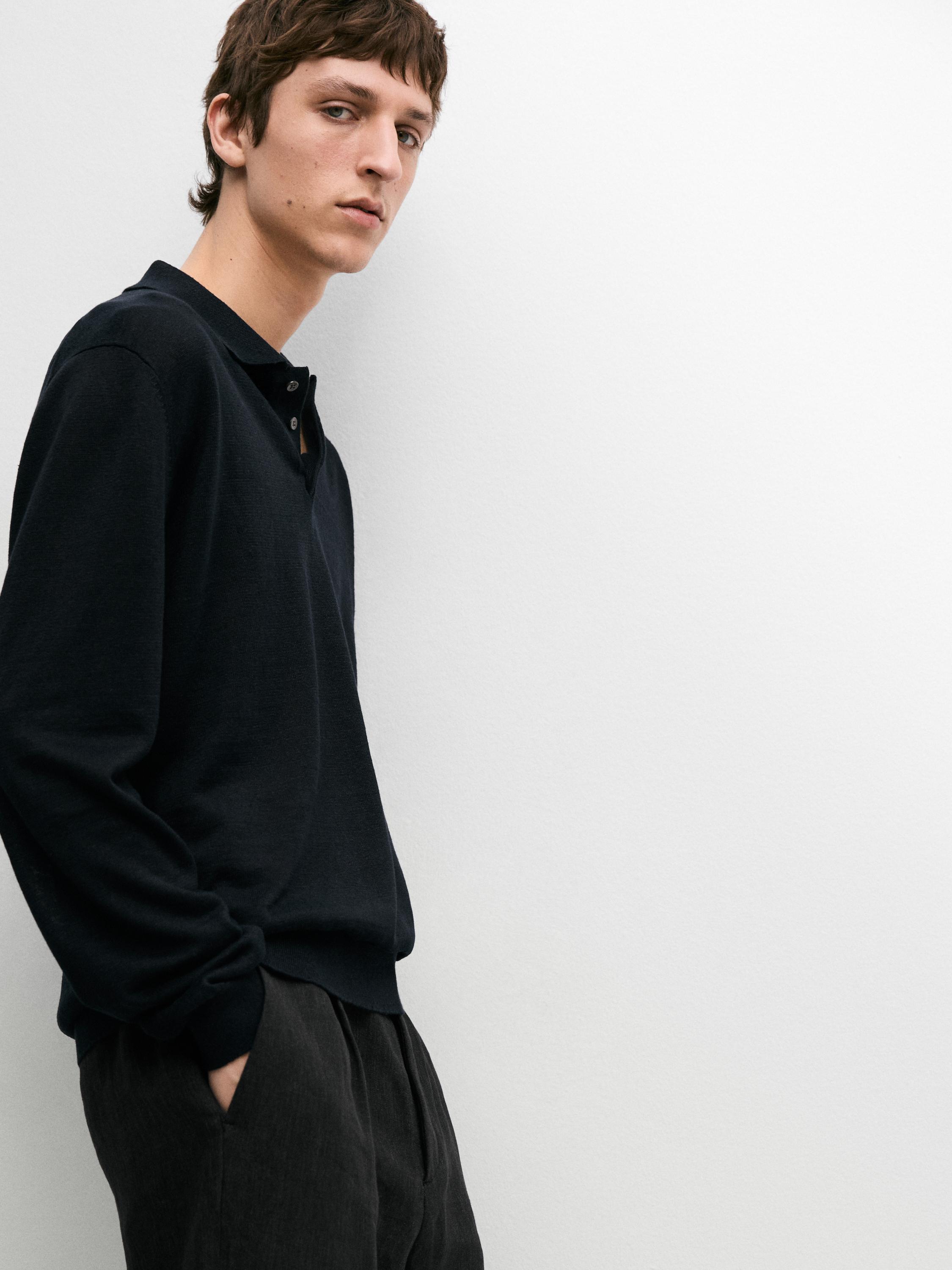 100% linen knit polo collar sweater — NAVY BLUE