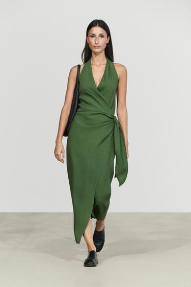 Linen halter wrap midi dress — GREEN 1