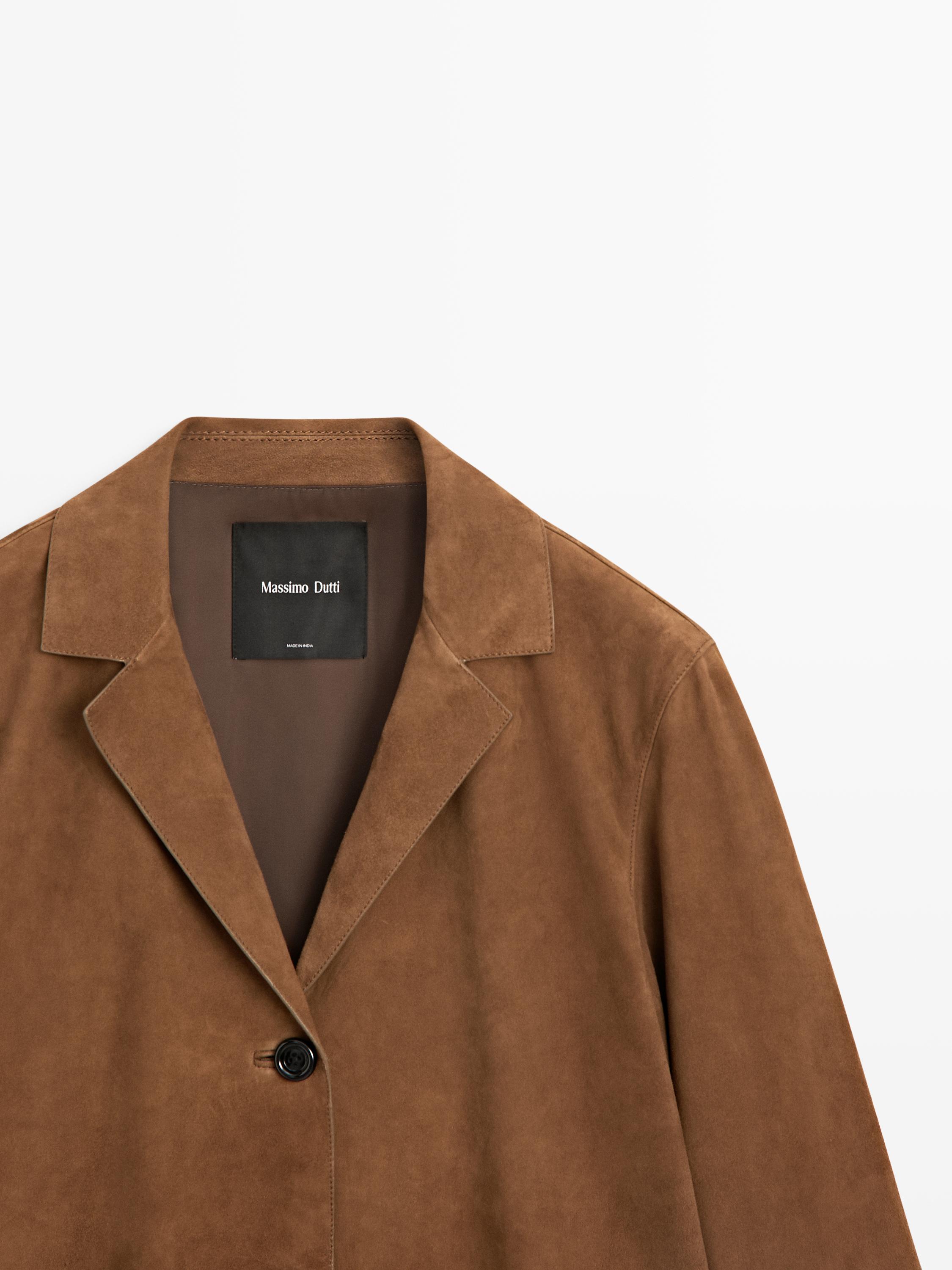 100% suede leather blazer with lapel collar — BROWN