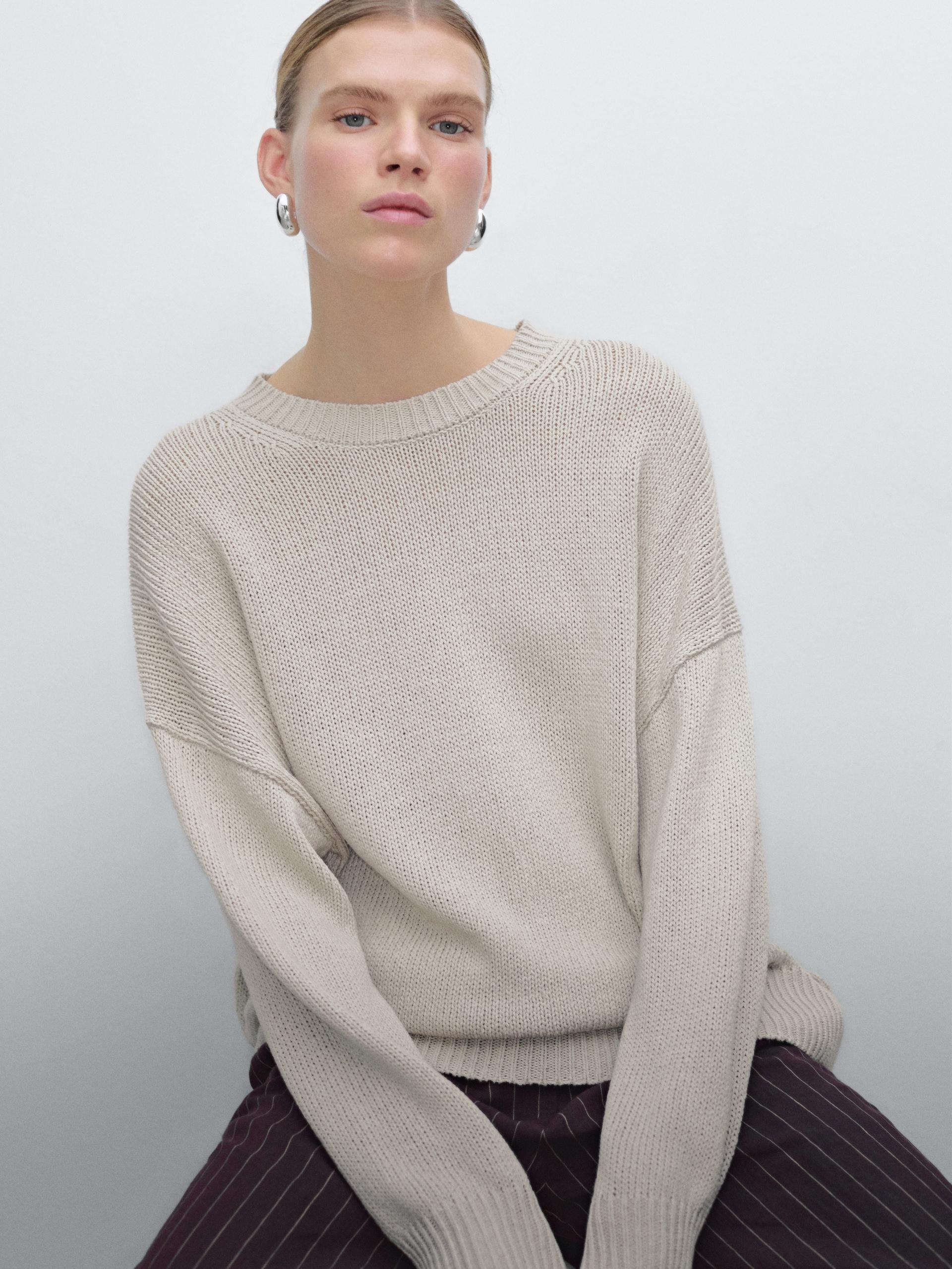Pull En Maille De Lin Mélangé À Col Rond - Beige - Xs - Massimo Dutti - Femme
