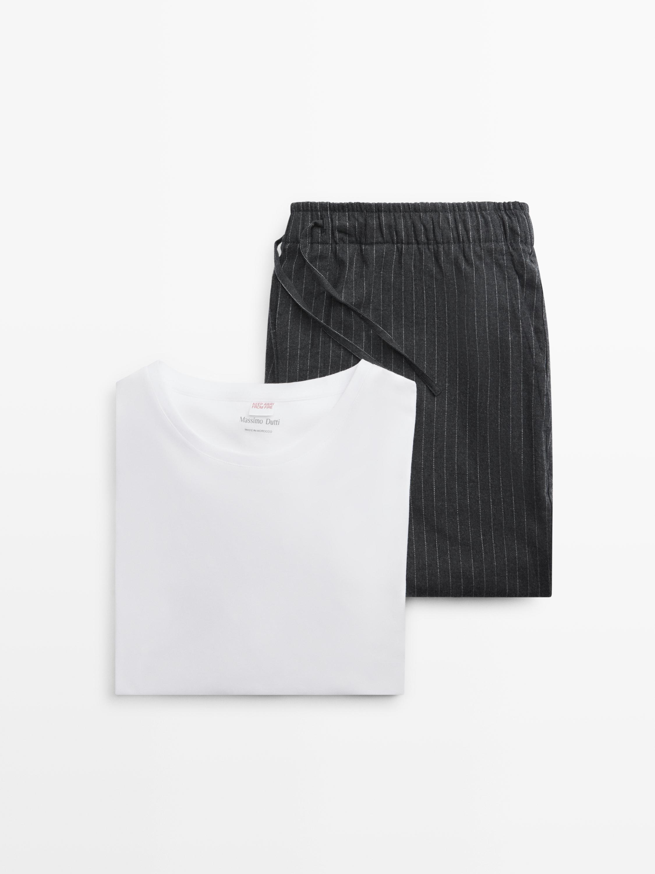 Pijama às riscas com t-shirt de manga comprida 100% algodão