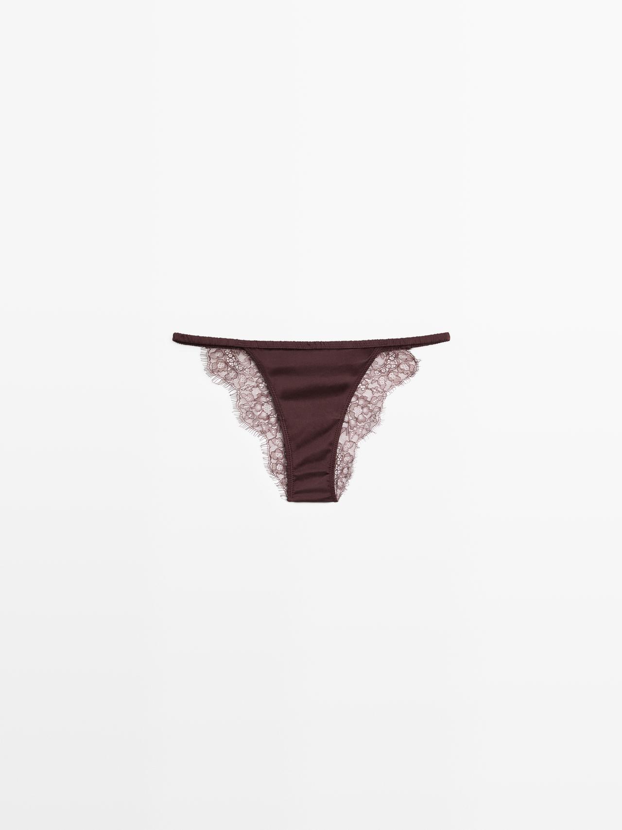 Massimo Dutti - Dames - Zijden Slipje Met Kanten Detail - Bruin - S