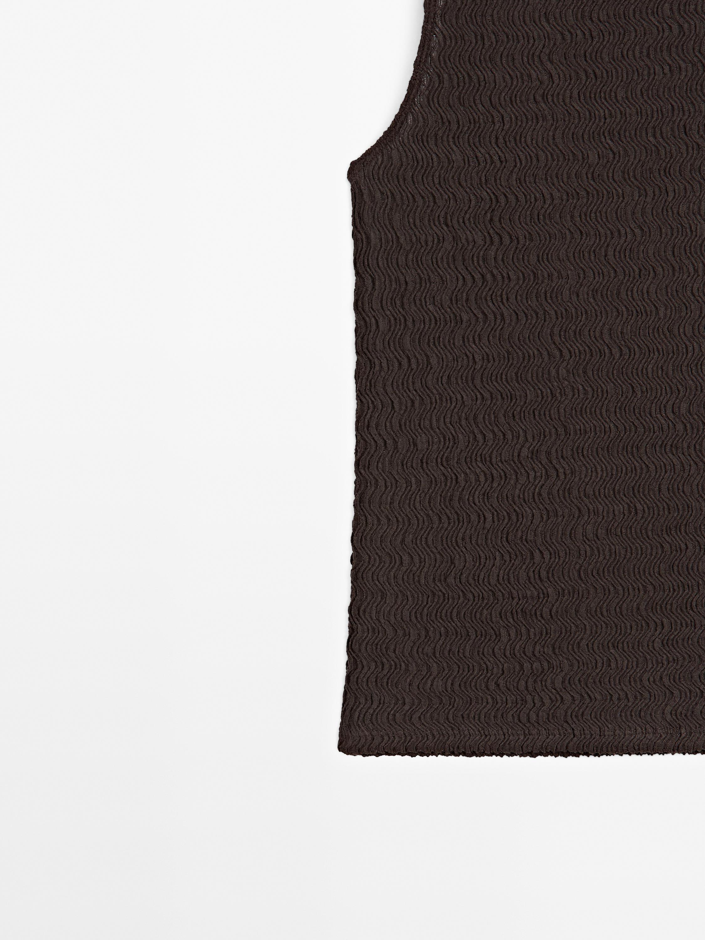 Chocolate linear waffle-knit funnel neck top