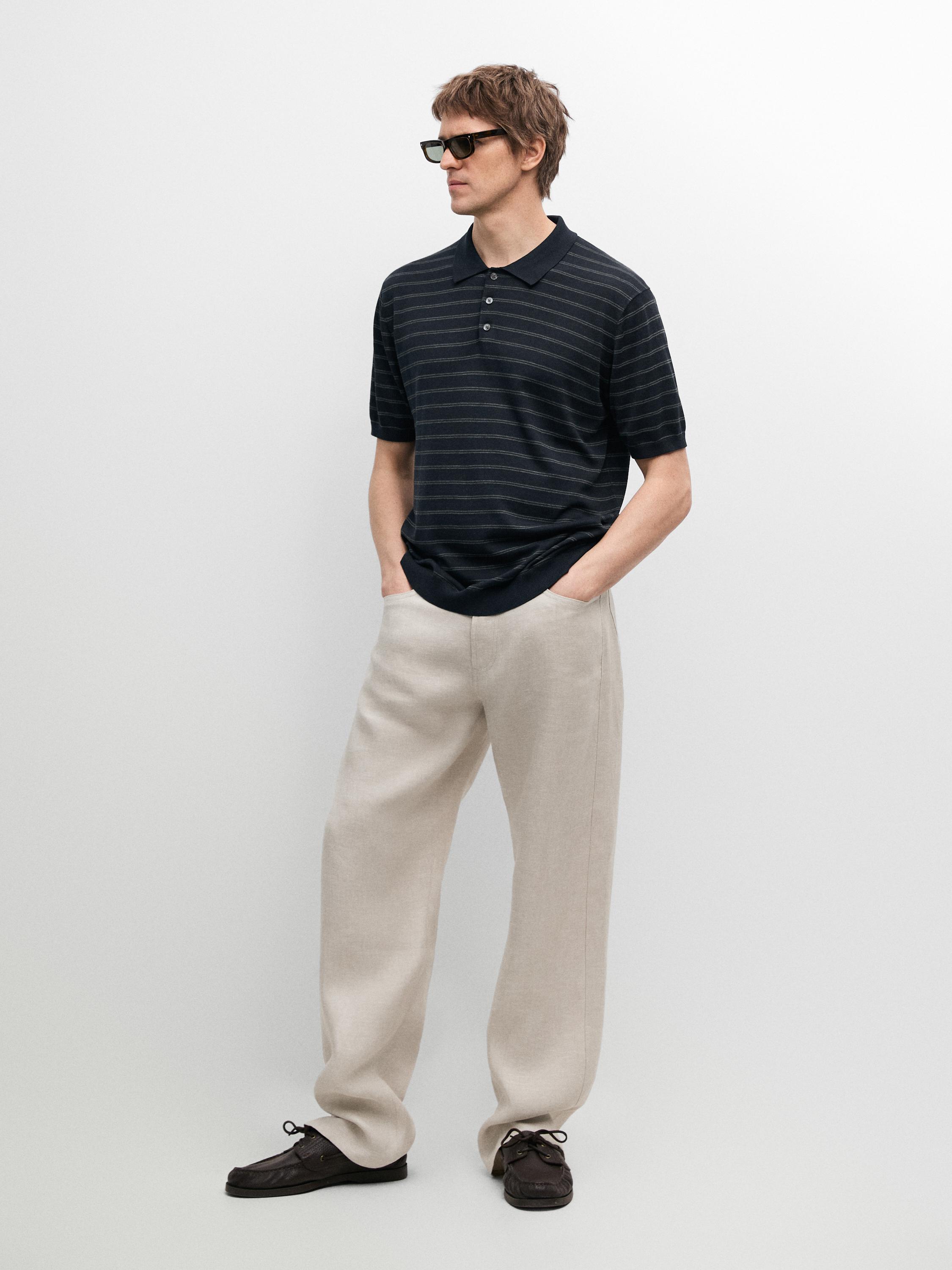 Cotton blend knit polo shirt with striped detail — NAVY BLUE