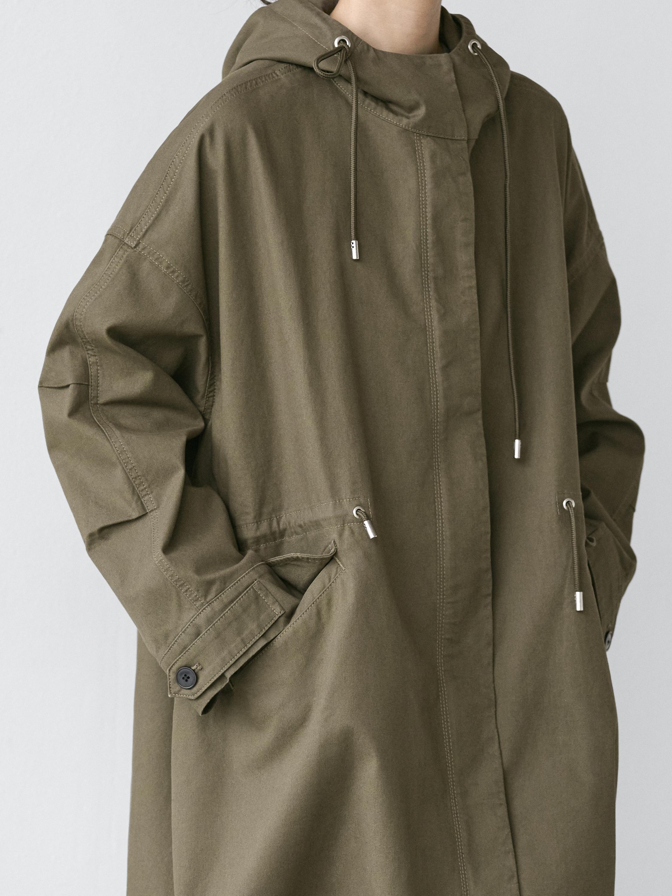 Technical fabric trench coat with hood — BOTTLE GREEN