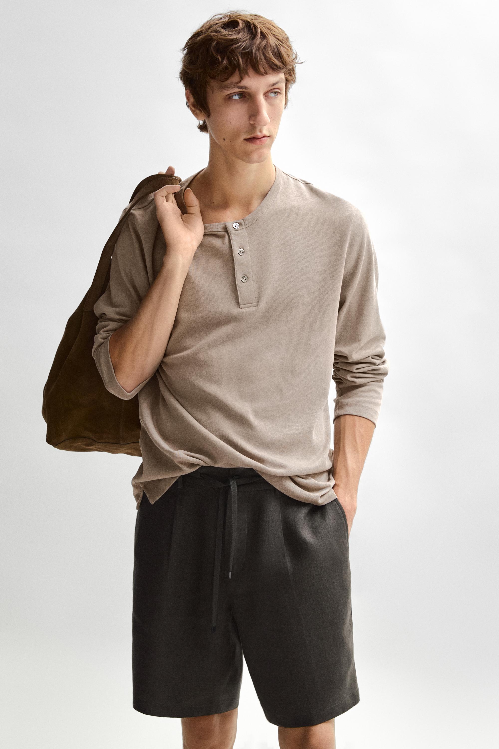 Long sleeve henley neck T-shirt — MOLE BROWN