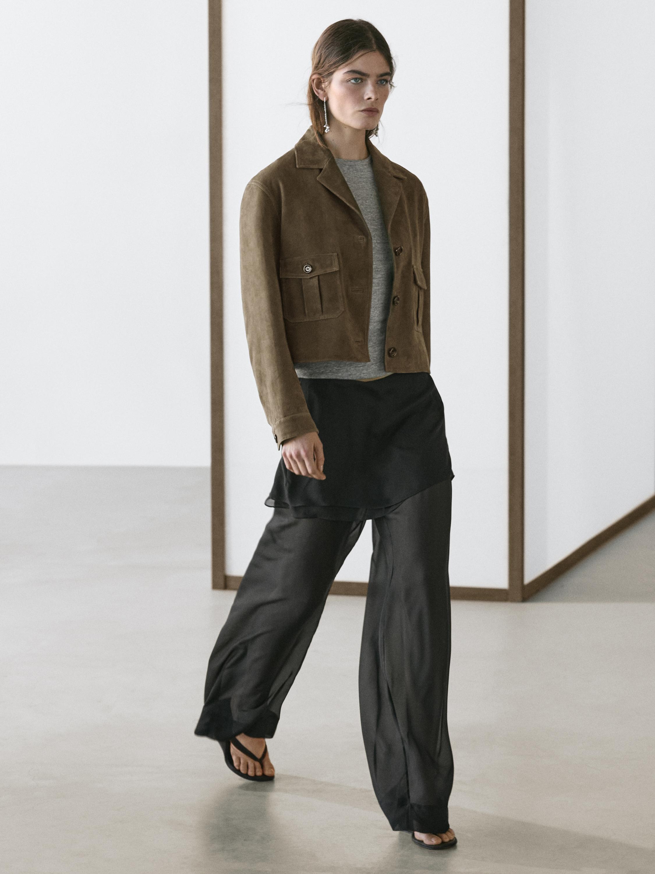 Short suede leather jacket — KHAKI