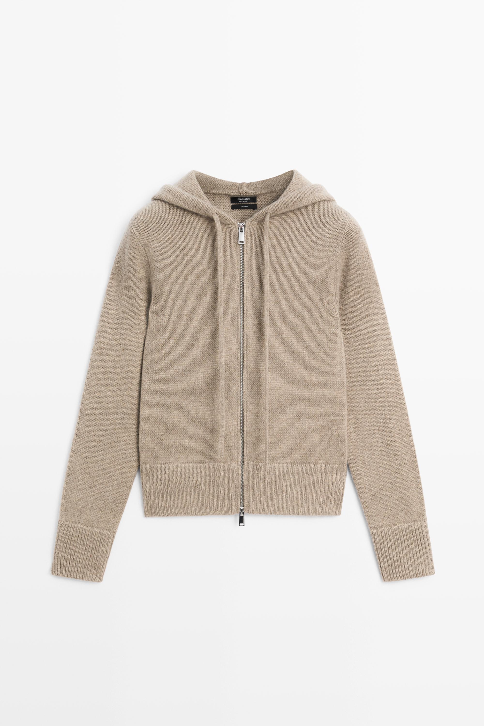 100% cashmere hooded zip-up cardigan — BEIGE
