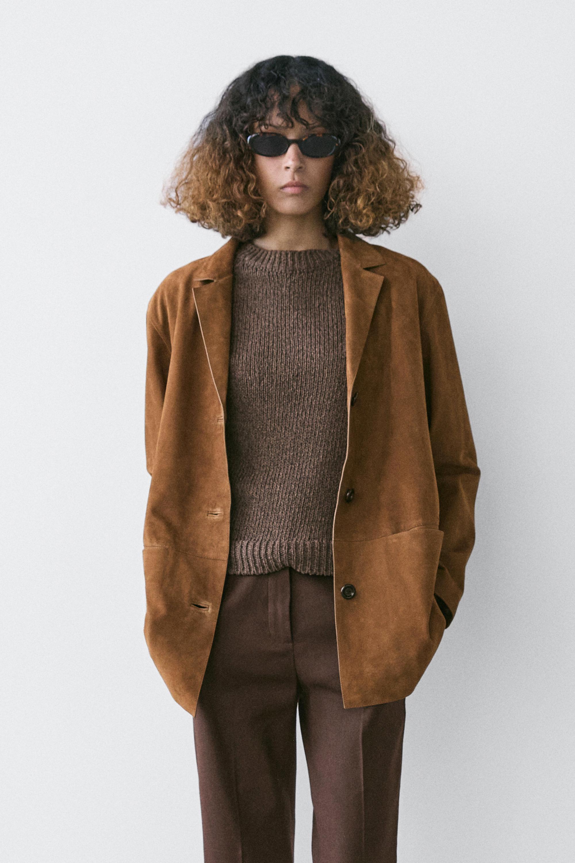 100% suede leather blazer with lapel collar — BROWN
