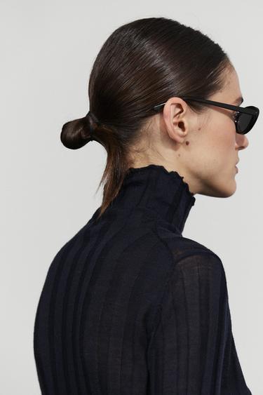Ribbed high neck knit sweater — NAVY BLUE 8