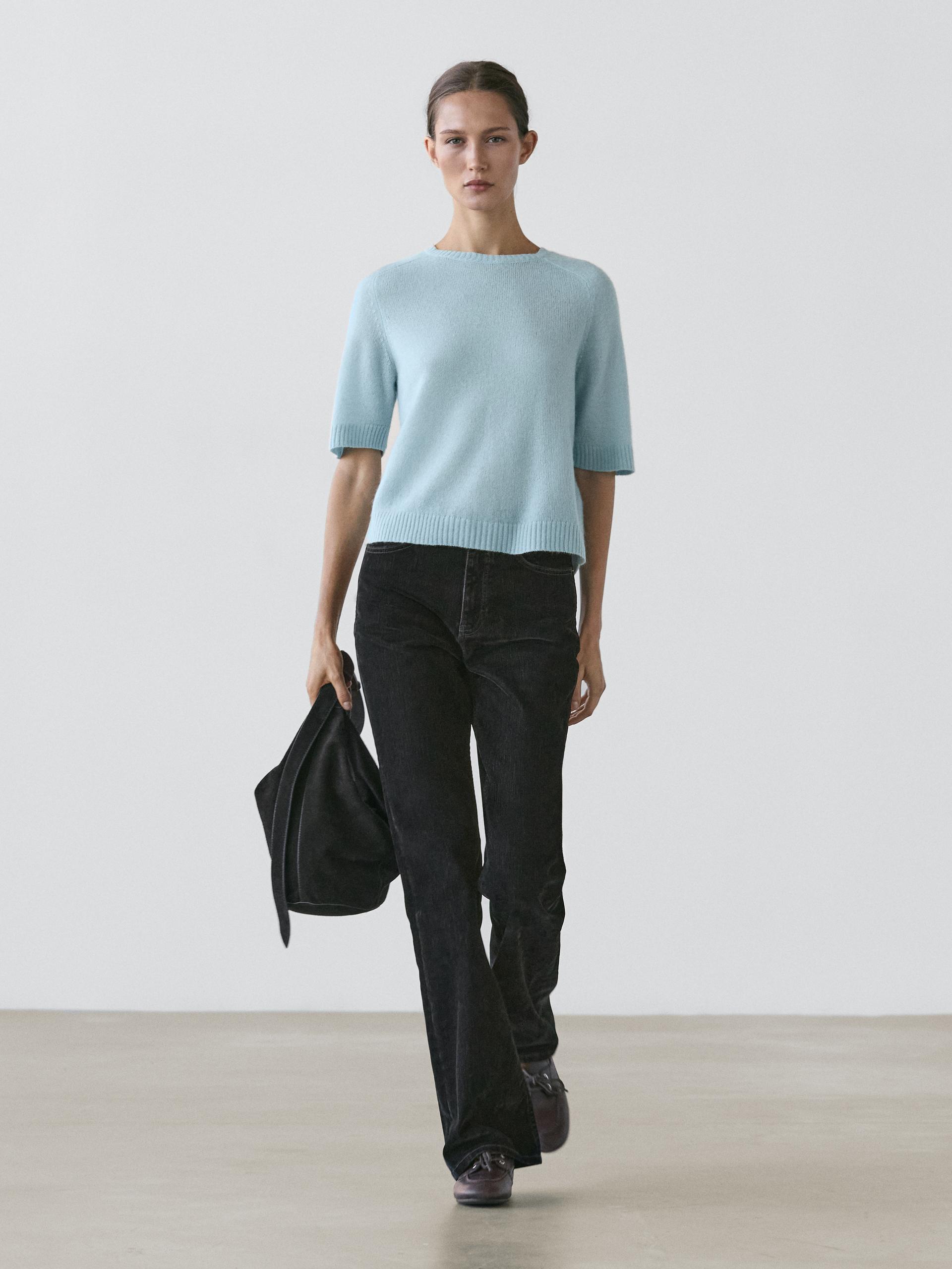 Dzianinowy Sweter Z Krótkim Rękawem Z Wełny Z Alpaki - Błękitny - S - Massimo Dutti - Kobieta