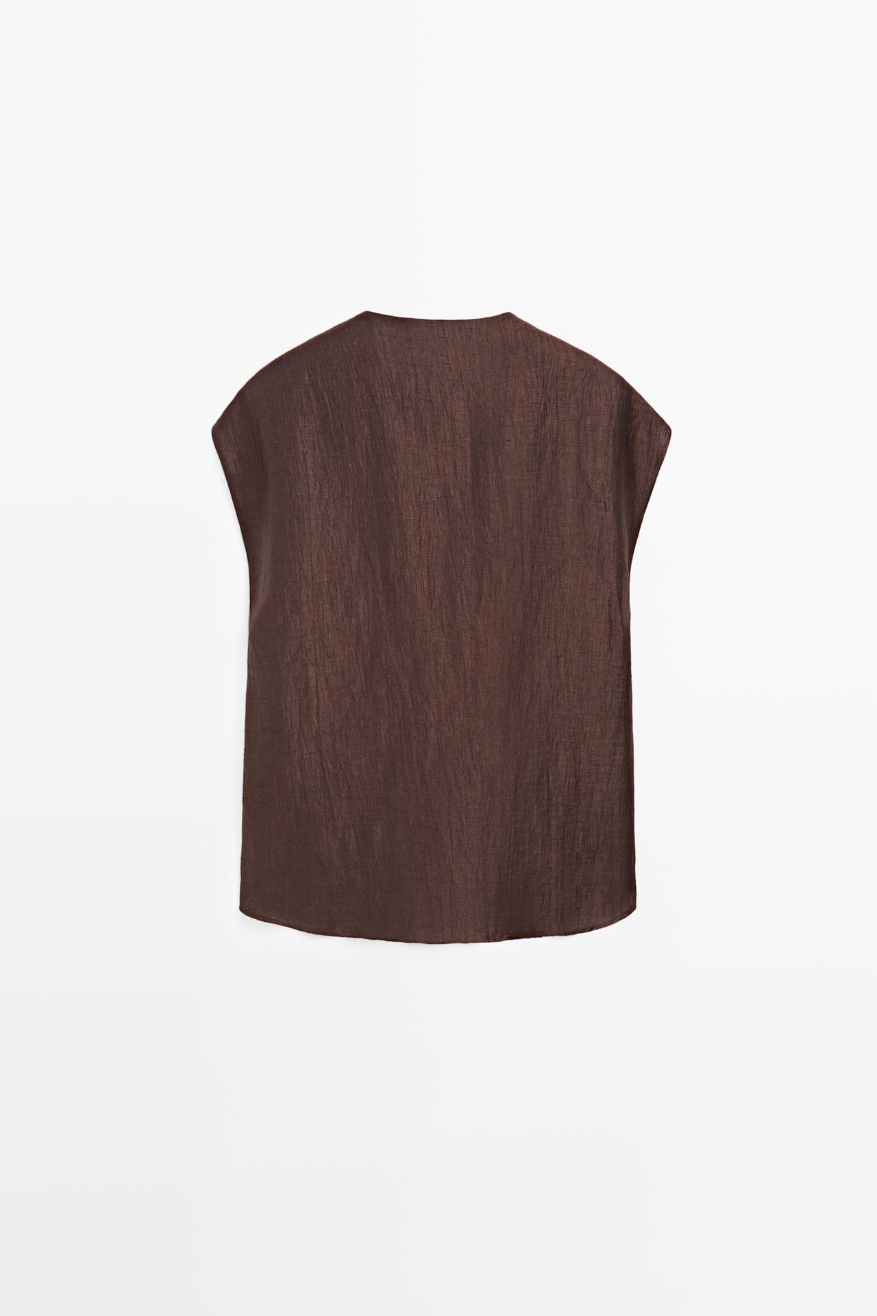 Flowing linen blend wrap blouse — BROWN