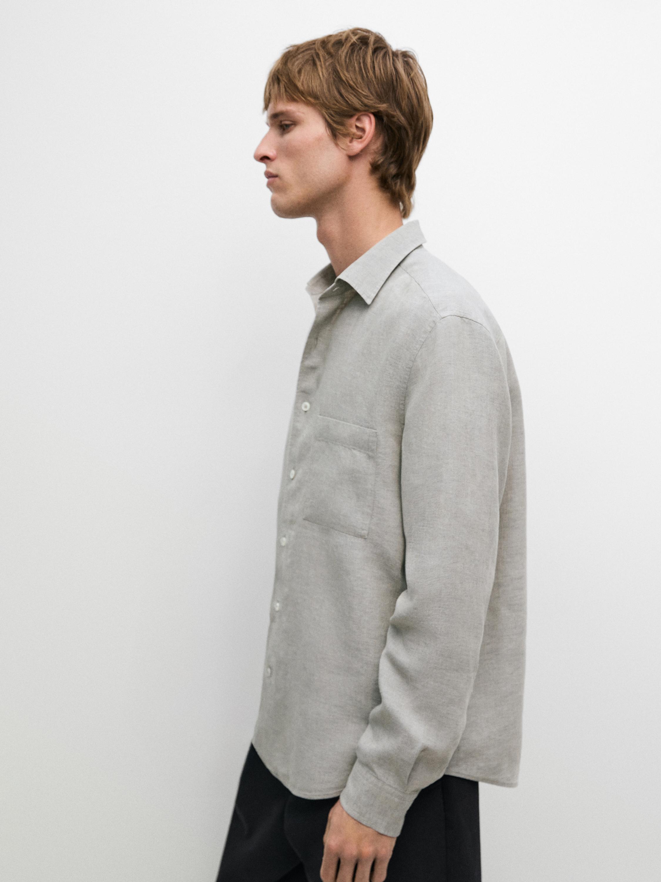 100% linen regular fit shirt with pocket — GREY