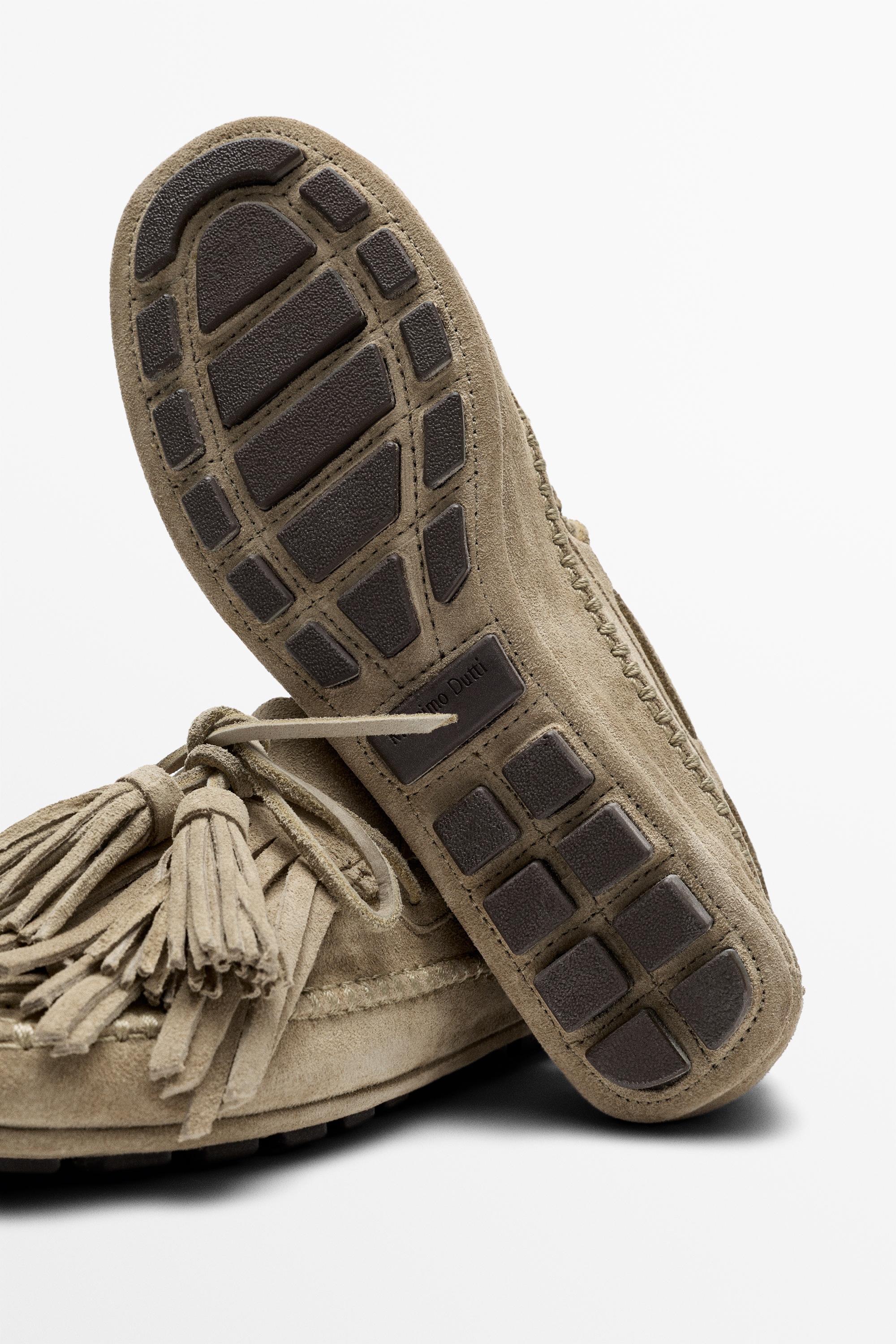 Leather loafers with fringing and tassels — BEIGE
